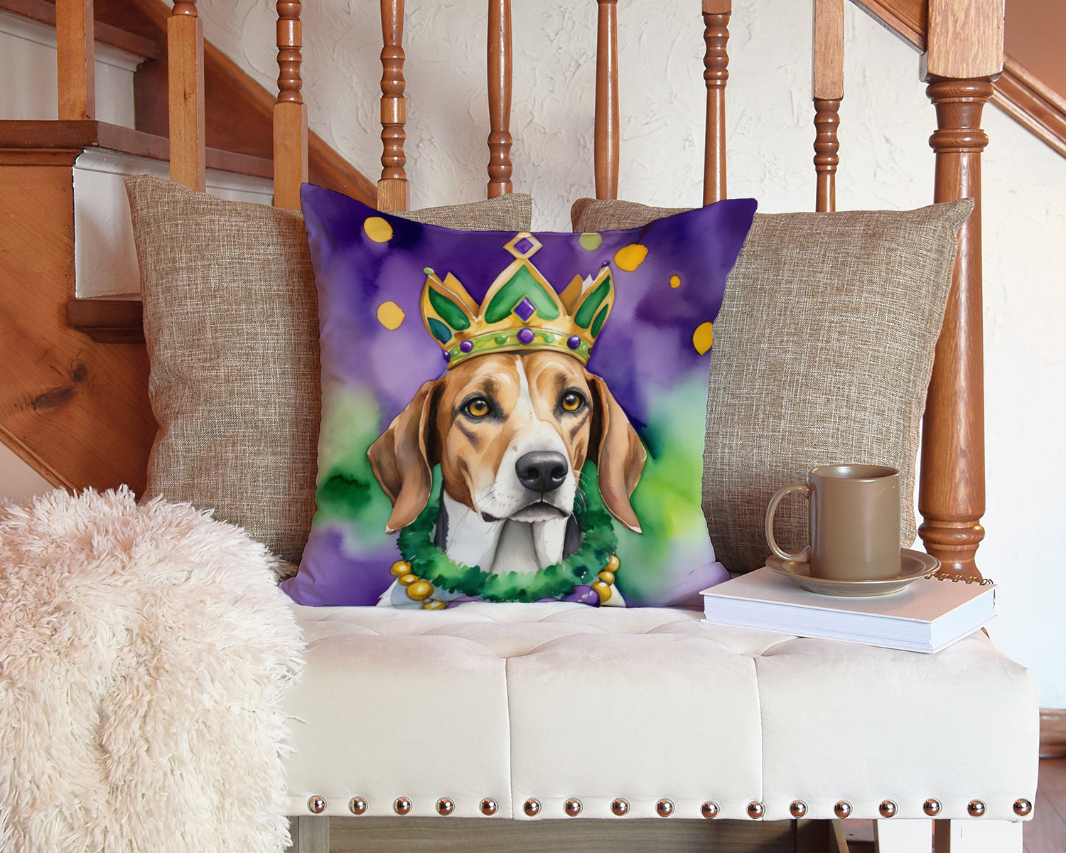 American Foxhound King of Mardi Gras Decorative Throw Pillow 14x14 Indoor Outdoor Accent Cushion, Fabric Cover with Insert for Sofa, Bed, Porch & Living Room