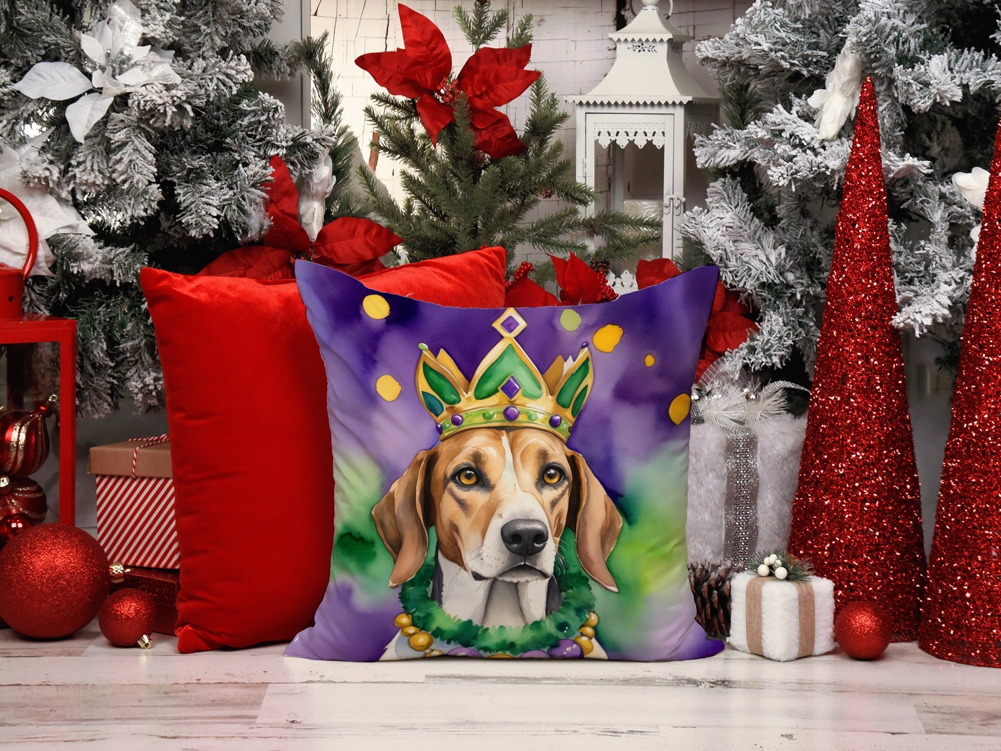 American Foxhound King of Mardi Gras Decorative Throw Pillow 18x18 Indoor Outdoor Accent Cushion, Fabric Cover with Insert for Sofa, Bed, Porch & Living Room