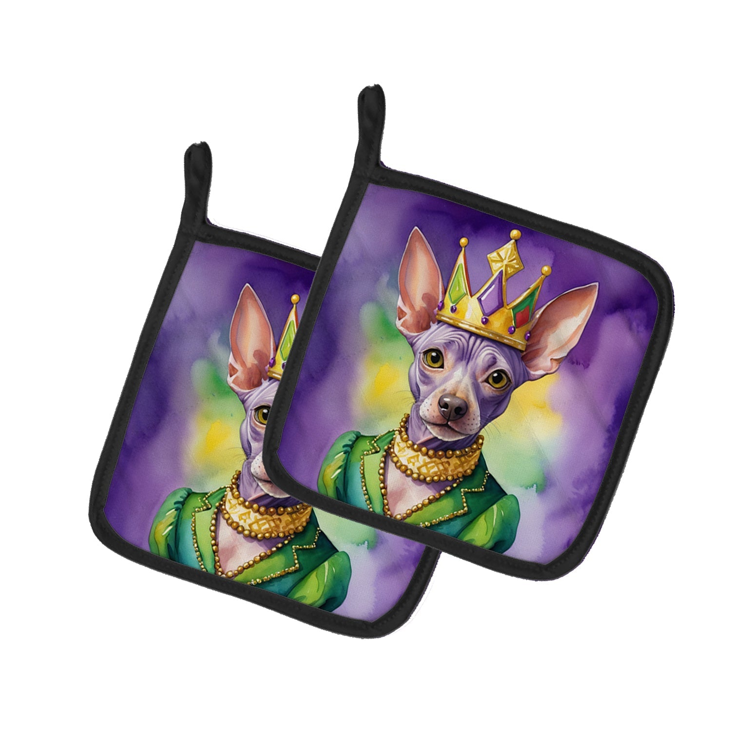 American Hairless Terrier King of Mardi Gras Pot Holder Set of 2 Heat Resistant Quilted Hot Pads 7.5 x 7.5 Inch, Insulated Kitchen Trivets for Cooking & Baking