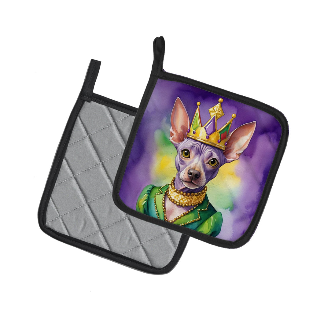 American Hairless Terrier King of Mardi Gras Pot Holder Set of 2 Heat Resistant Quilted Hot Pads 7.5 x 7.5 Inch, Insulated Kitchen Trivets for Cooking & Baking