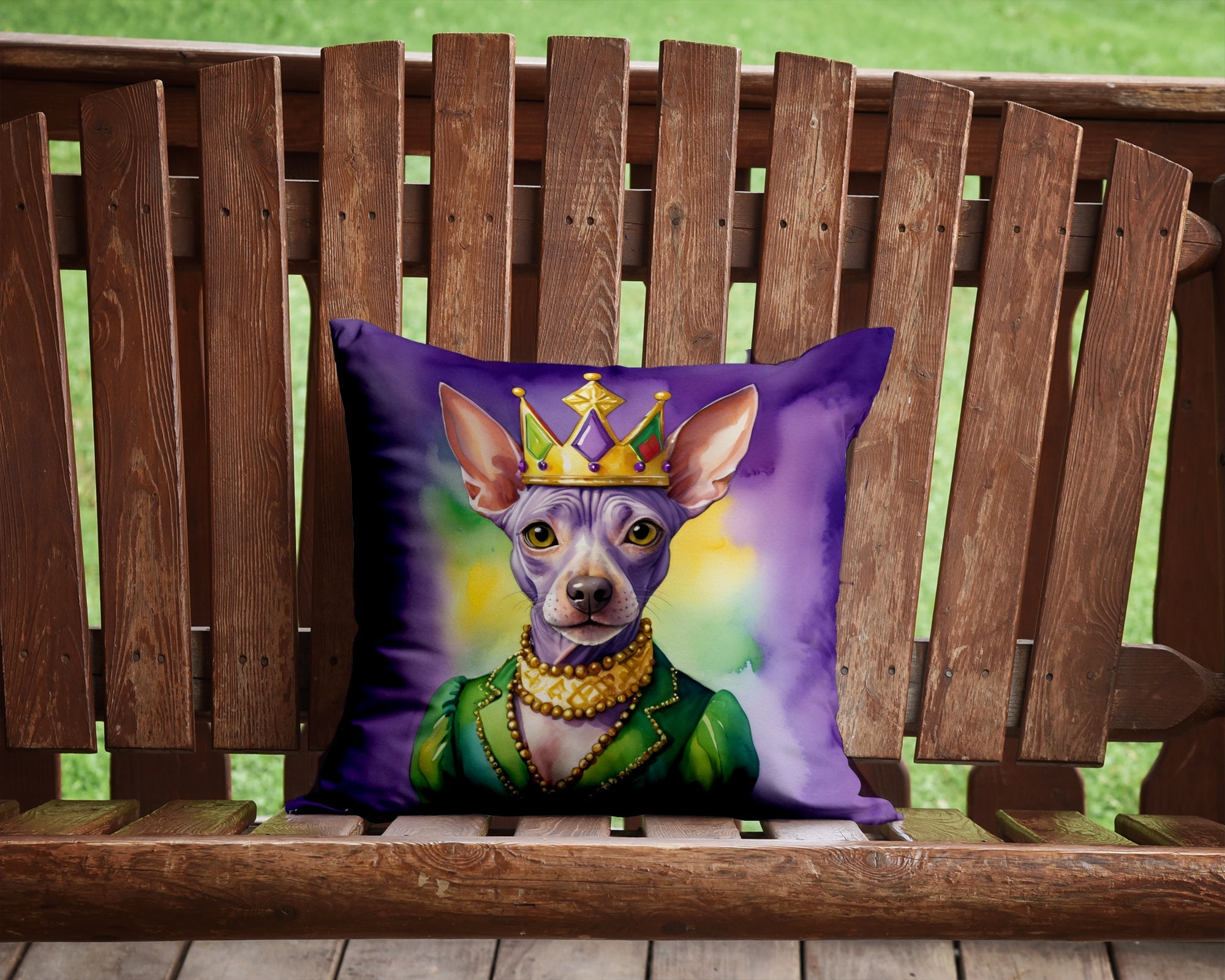 American Hairless Terrier King of Mardi Gras Decorative Throw Pillow 14x14 Indoor Outdoor Accent Cushion, Fabric Cover with Insert for Sofa, Bed, Porch & Living Room