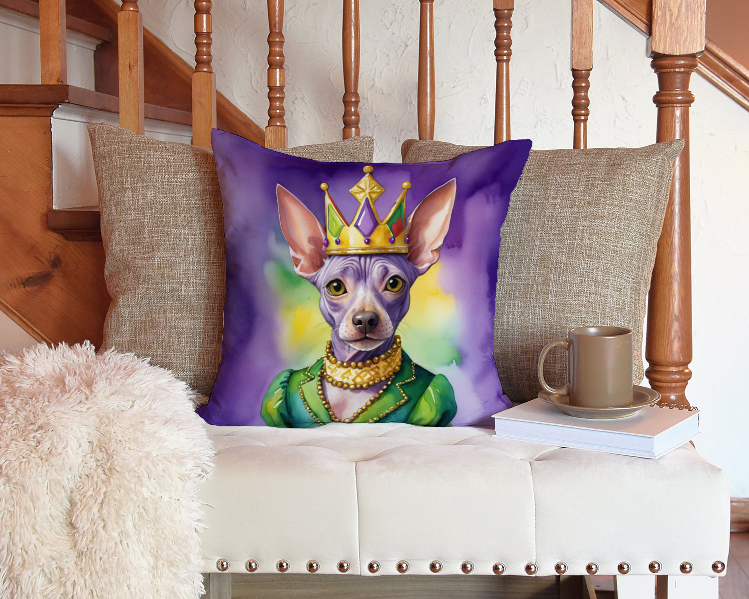 American Hairless Terrier King of Mardi Gras Decorative Throw Pillow 14x14 Indoor Outdoor Accent Cushion, Fabric Cover with Insert for Sofa, Bed, Porch & Living Room