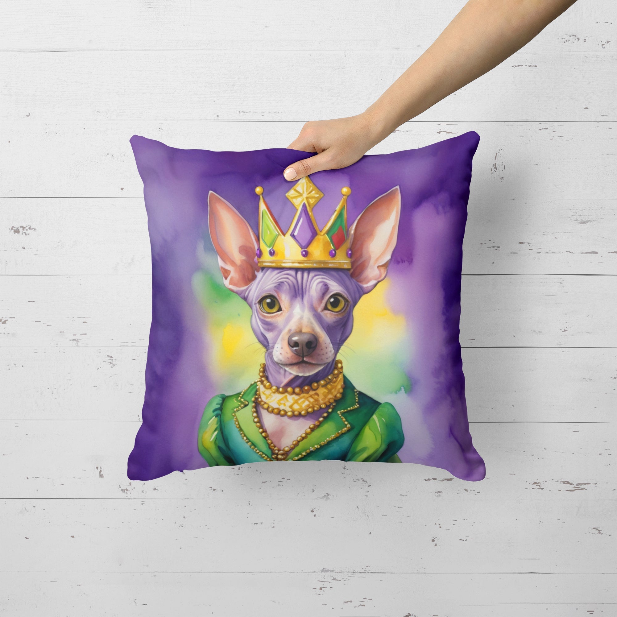 American Hairless Terrier King of Mardi Gras Decorative Throw Pillow 18x18 Indoor Outdoor Accent Cushion, Fabric Cover with Insert for Sofa, Bed, Porch & Living Room