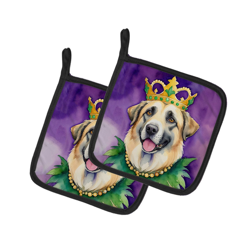Anatolian Shepherd Dog King of Mardi Gras Pot Holder Set of 2 Heat Resistant Quilted Hot Pads 7.5 x 7.5 Inch, Insulated Kitchen Trivets for Cooking & Baking