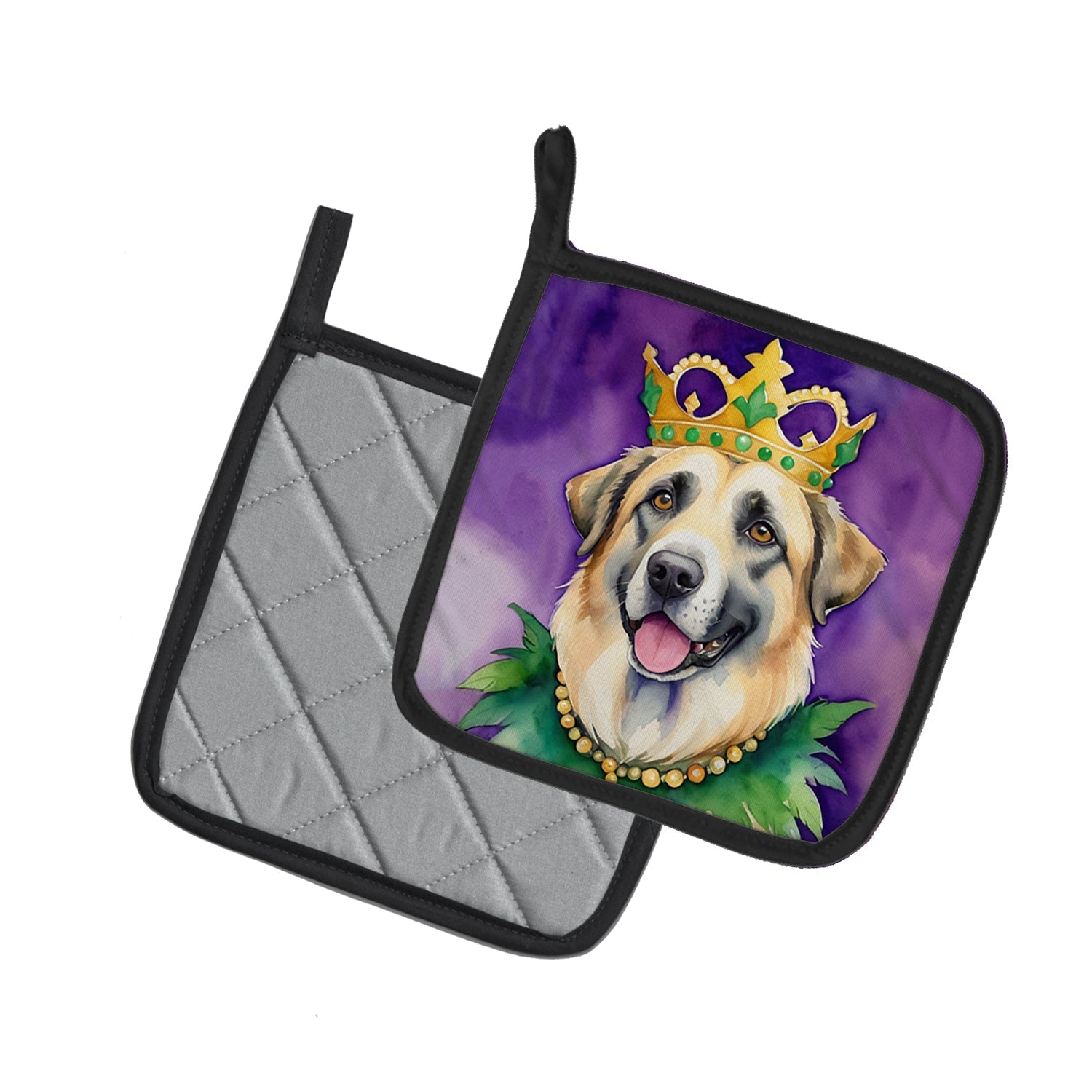 Anatolian Shepherd Dog King of Mardi Gras Pot Holder Set of 2 Heat Resistant Quilted Hot Pads 7.5 x 7.5 Inch, Insulated Kitchen Trivets for Cooking & Baking