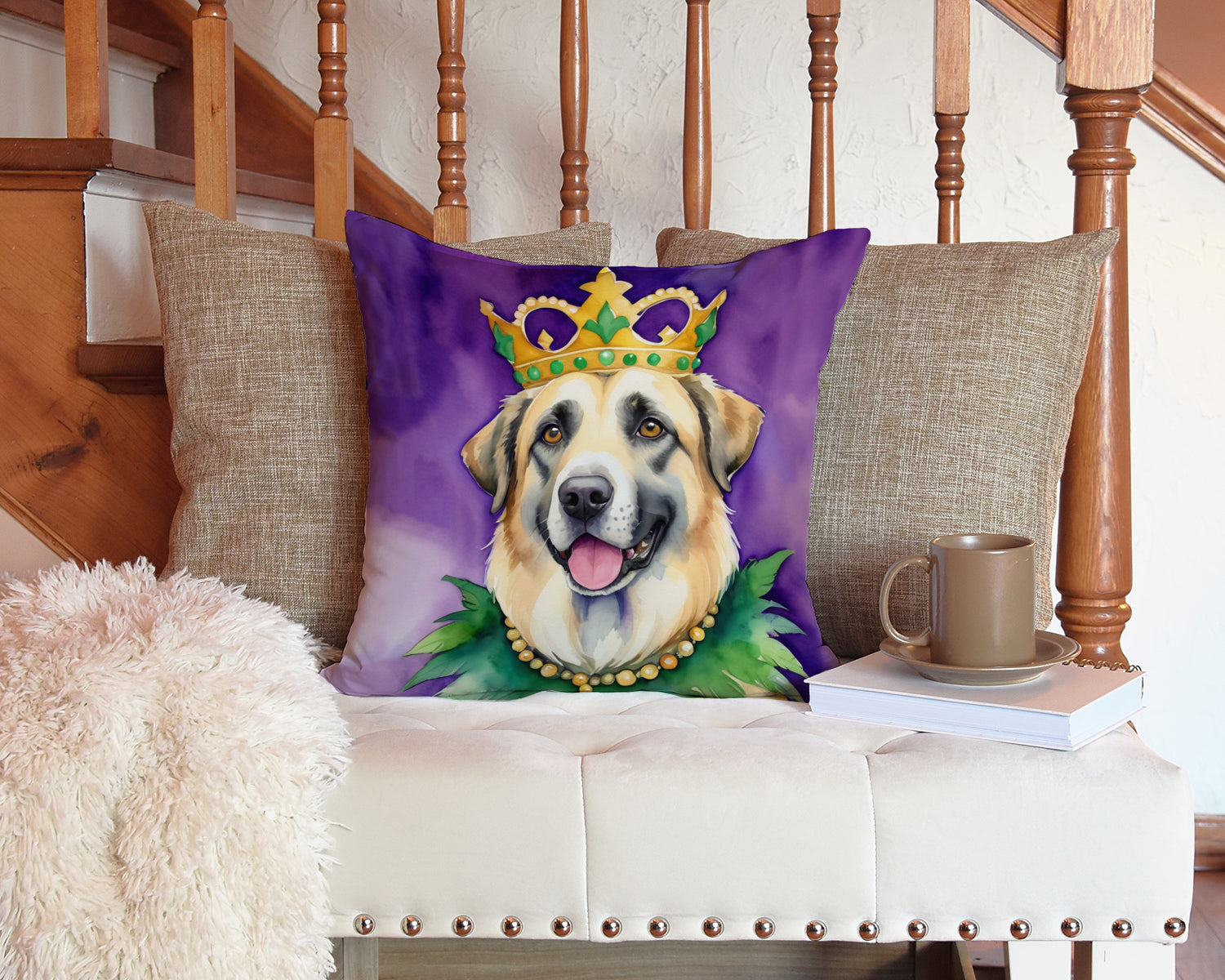 Anatolian Shepherd Dog King of Mardi Gras Decorative Throw Pillow 14x14 Indoor Outdoor Accent Cushion, Fabric Cover with Insert for Sofa, Bed, Porch & Living Room