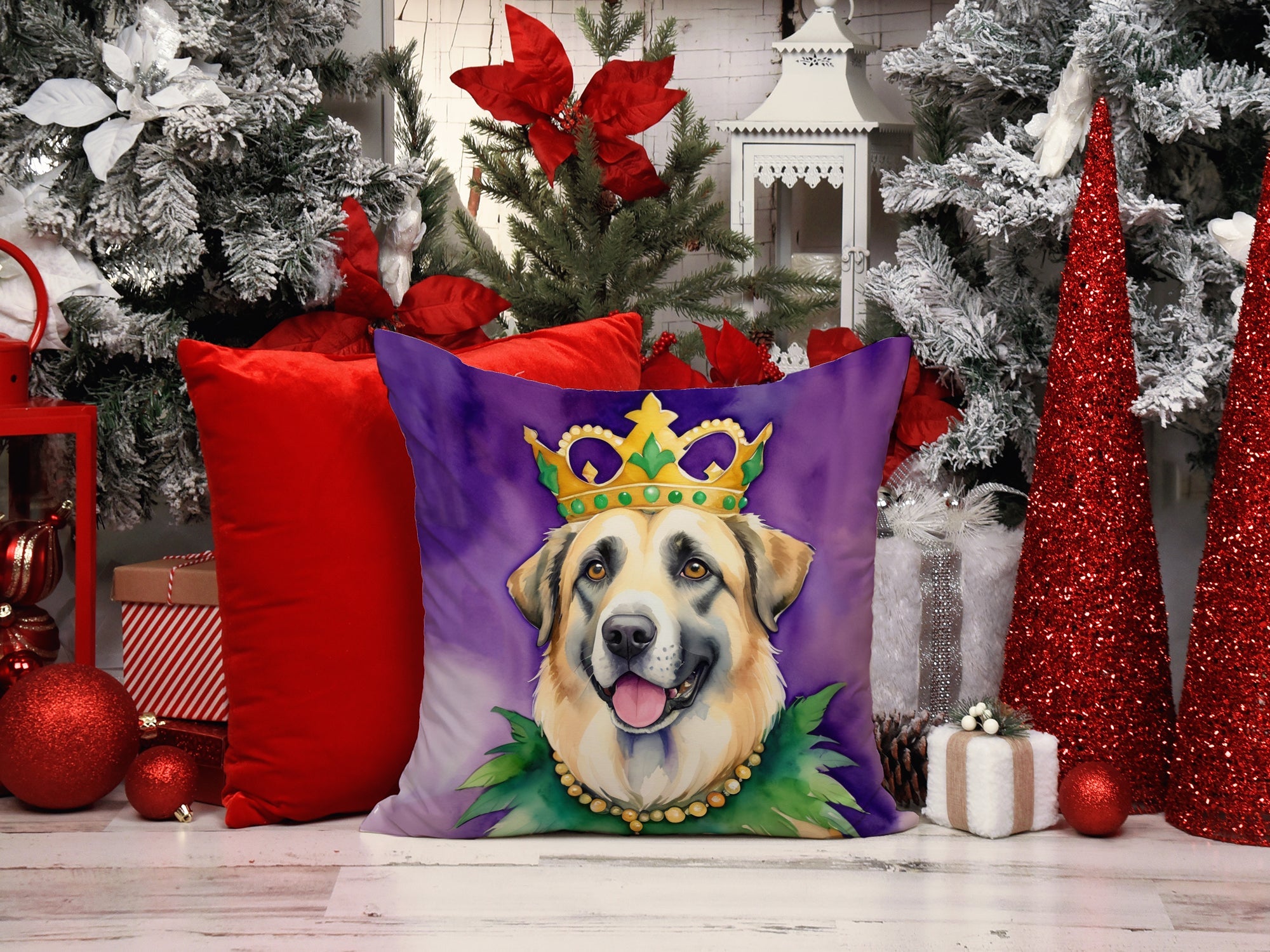 Anatolian Shepherd Dog King of Mardi Gras Decorative Throw Pillow 14x14 Indoor Outdoor Accent Cushion, Fabric Cover with Insert for Sofa, Bed, Porch & Living Room