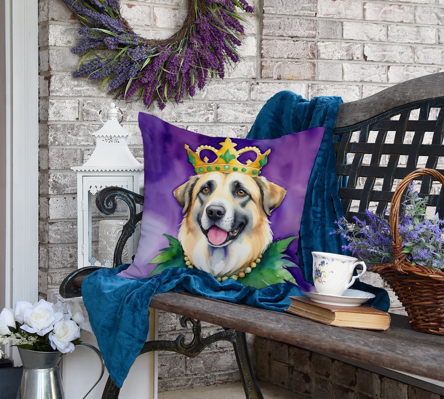 Anatolian Shepherd Dog King of Mardi Gras Decorative Throw Pillow 18x18 Indoor Outdoor Accent Cushion, Fabric Cover with Insert for Sofa, Bed, Porch & Living Room