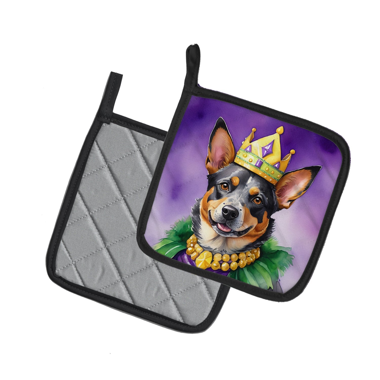 Australian Cattle Dog King of Mardi Gras Pot Holder Set of 2 Heat Resistant Quilted Hot Pads 7.5 x 7.5 Inch, Insulated Kitchen Trivets for Cooking & Baking