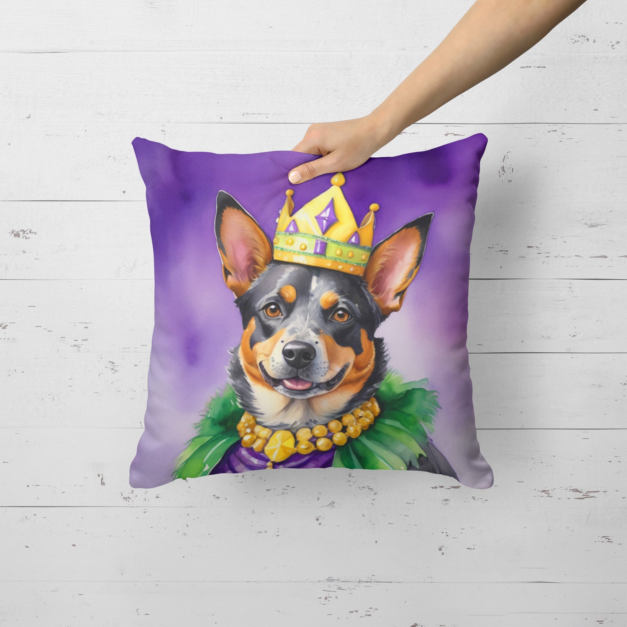 Australian Cattle Dog King of Mardi Gras Decorative Throw Pillow 18x18 Indoor Outdoor Accent Cushion, Fabric Cover with Insert for Sofa, Bed, Porch & Living Room