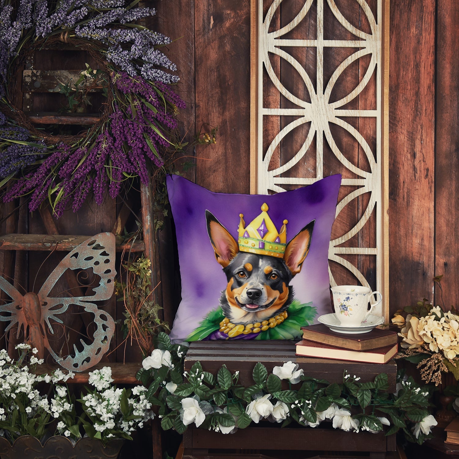 Australian Cattle Dog King of Mardi Gras Decorative Throw Pillow 18x18 Indoor Outdoor Accent Cushion, Fabric Cover with Insert for Sofa, Bed, Porch & Living Room