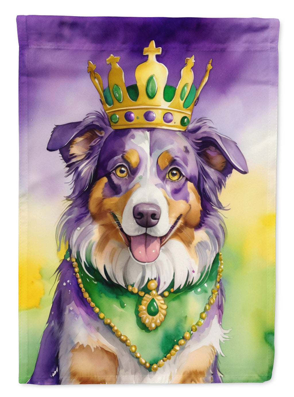 Australian Shepherd King of Mardi Gras House Flag 28x40 Porch Sleeve Pole Decorative Outside Yard Banner Artwork Wall Hanging, Polyester