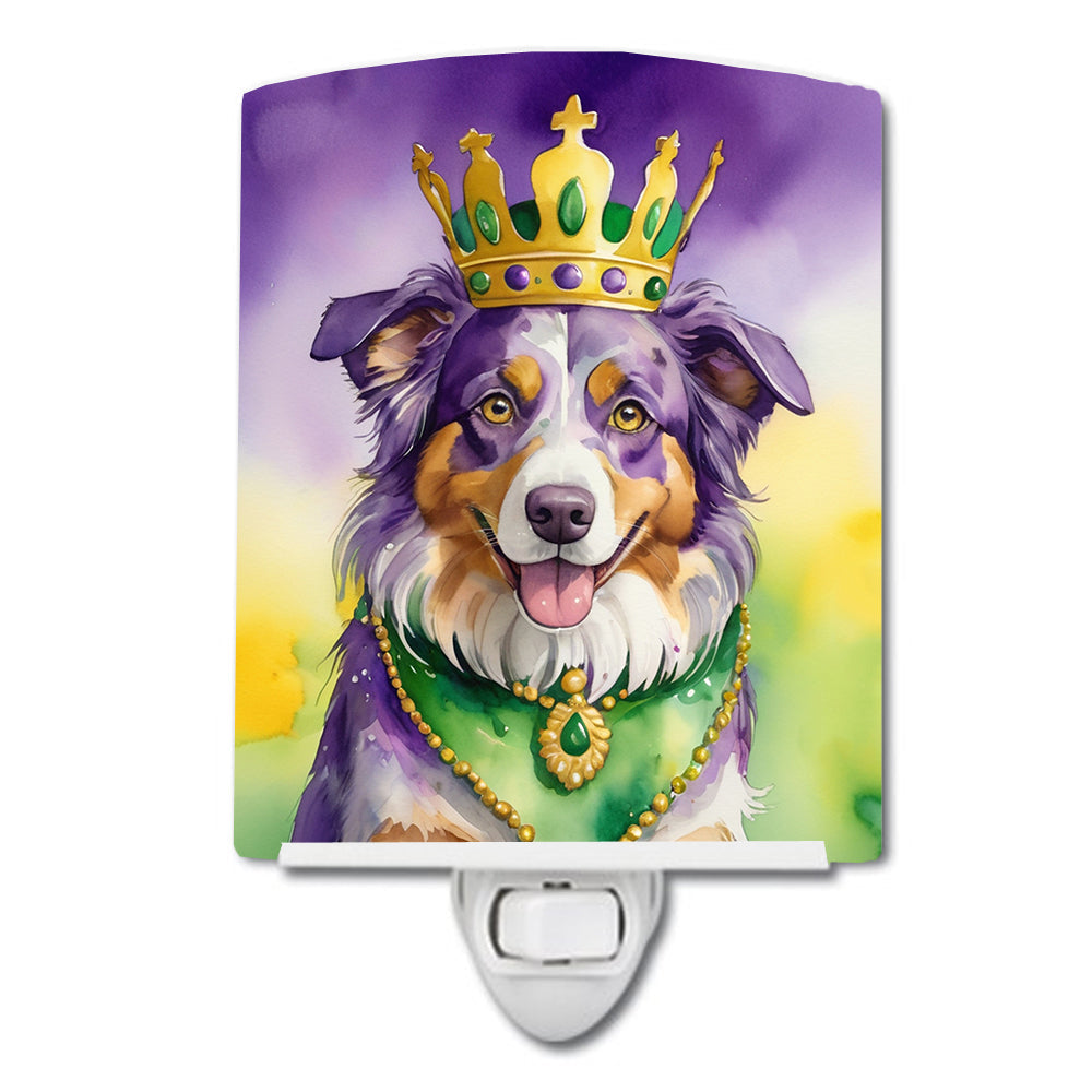 Australian Shepherd King of Mardi Gras Ceramic Night Light Compact, UL-Certified, Ideal for Bedroom, Bathroom, Nursery, Hallway, Kitchen, 6x4x3, Multicolor