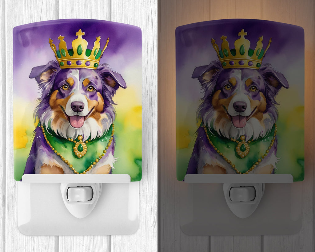 Australian Shepherd King of Mardi Gras Ceramic Night Light Compact, UL-Certified, Ideal for Bedroom, Bathroom, Nursery, Hallway, Kitchen, 6x4x3, Multicolor
