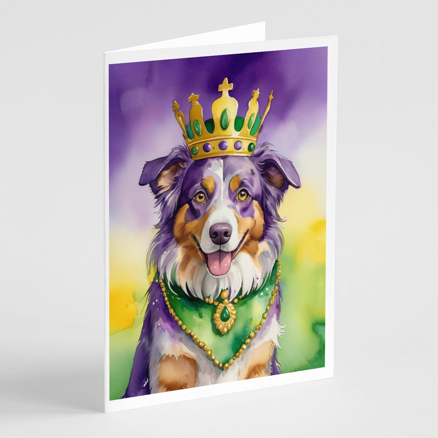 Australian Shepherd King of Mardi Gras Greeting Cards Pack of 8 Blank Cards with Envelopes Whimsical A7 Size 5x7