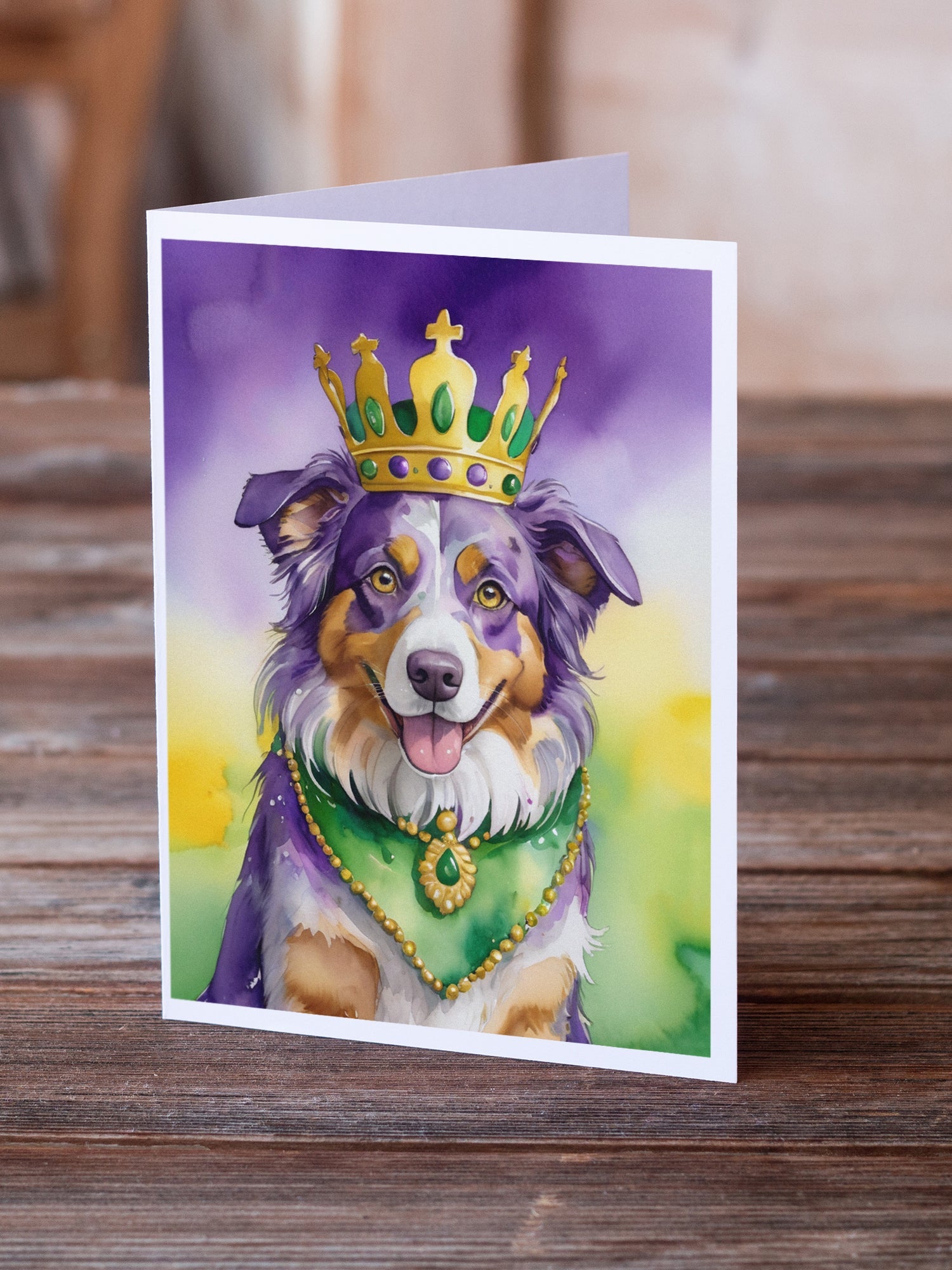 Australian Shepherd King of Mardi Gras Greeting Cards Pack of 8 Blank Cards with Envelopes Whimsical A7 Size 5x7