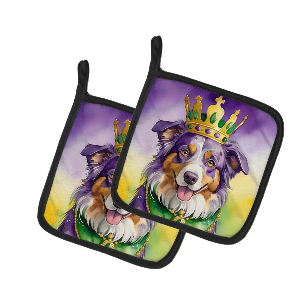 Australian Shepherd King of Mardi Gras Pot Holder Set of 2 Heat Resistant Quilted Hot Pads 7.5 x 7.5 Inch, Insulated Kitchen Trivets for Cooking & Baking