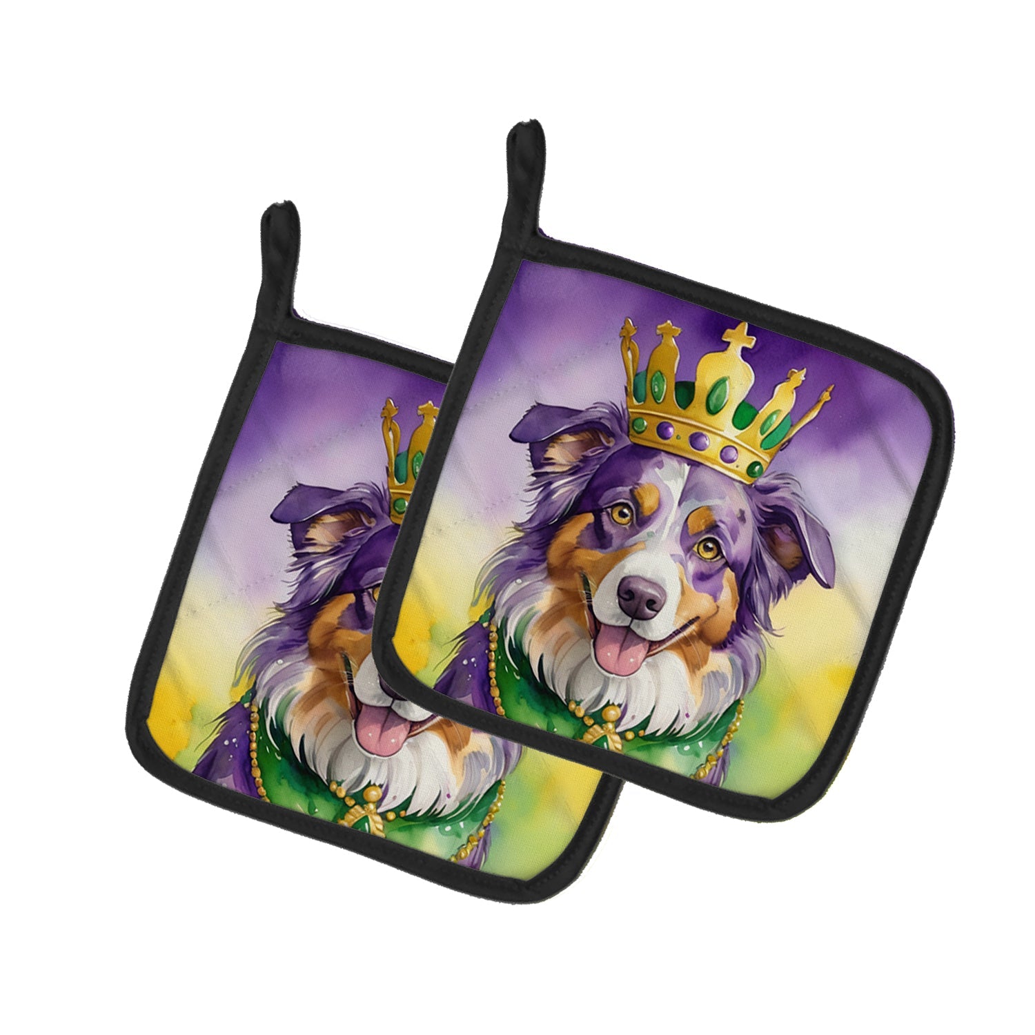 Australian Shepherd King of Mardi Gras Pot Holder Set of 2 Heat Resistant Quilted Hot Pads 7.5 x 7.5 Inch, Insulated Kitchen Trivets for Cooking & Baking