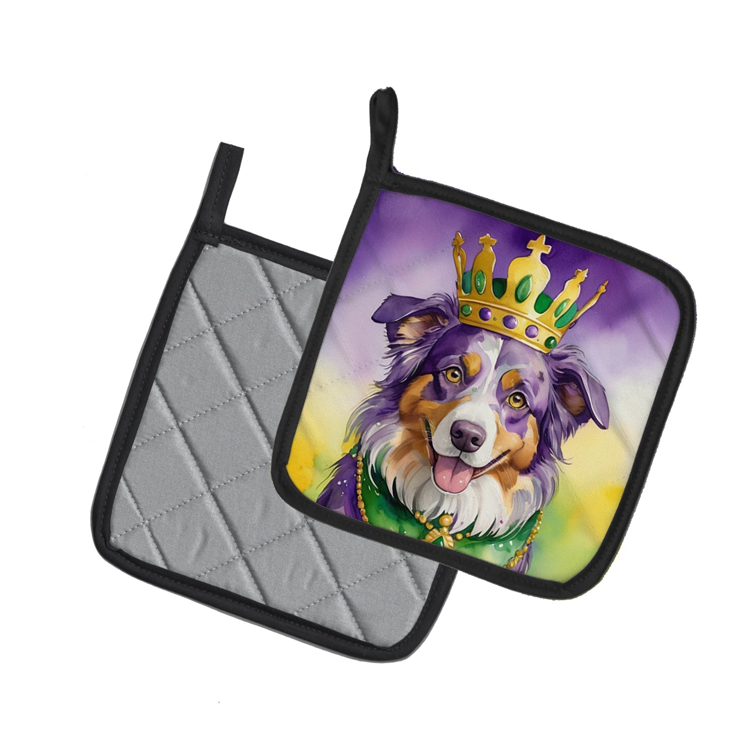 Australian Shepherd King of Mardi Gras Pot Holder Set of 2 Heat Resistant Quilted Hot Pads 7.5 x 7.5 Inch, Insulated Kitchen Trivets for Cooking & Baking