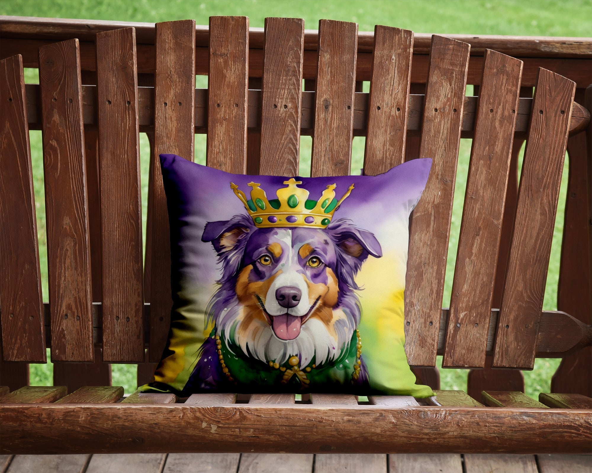 Australian Shepherd King of Mardi Gras Decorative Throw Pillow 14x14 Indoor Outdoor Accent Cushion, Fabric Cover with Insert for Sofa, Bed, Porch & Living Room