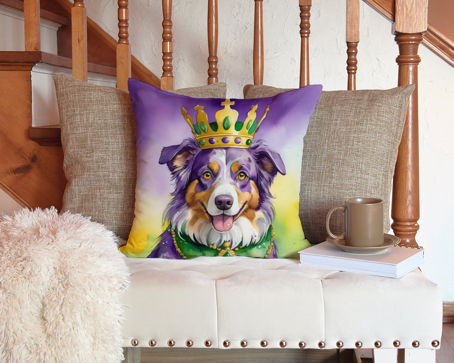 Australian Shepherd King of Mardi Gras Decorative Throw Pillow 14x14 Indoor Outdoor Accent Cushion, Fabric Cover with Insert for Sofa, Bed, Porch & Living Room