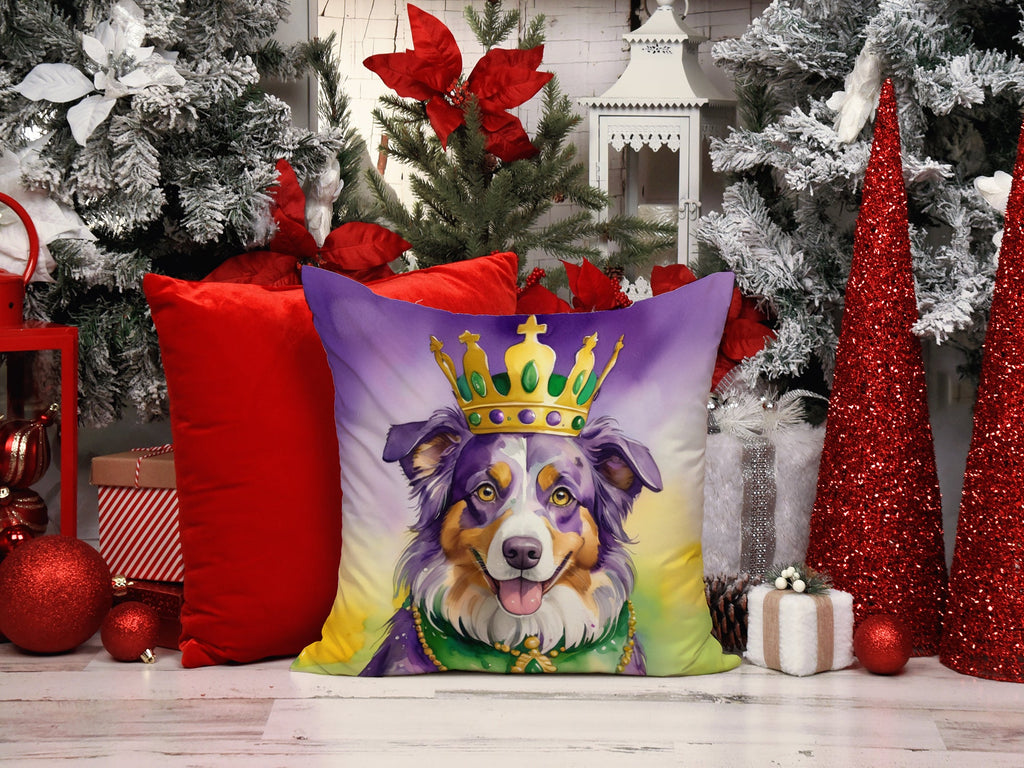 Australian Shepherd King of Mardi Gras Decorative Throw Pillow 14x14 Indoor Outdoor Accent Cushion, Fabric Cover with Insert for Sofa, Bed, Porch & Living Room