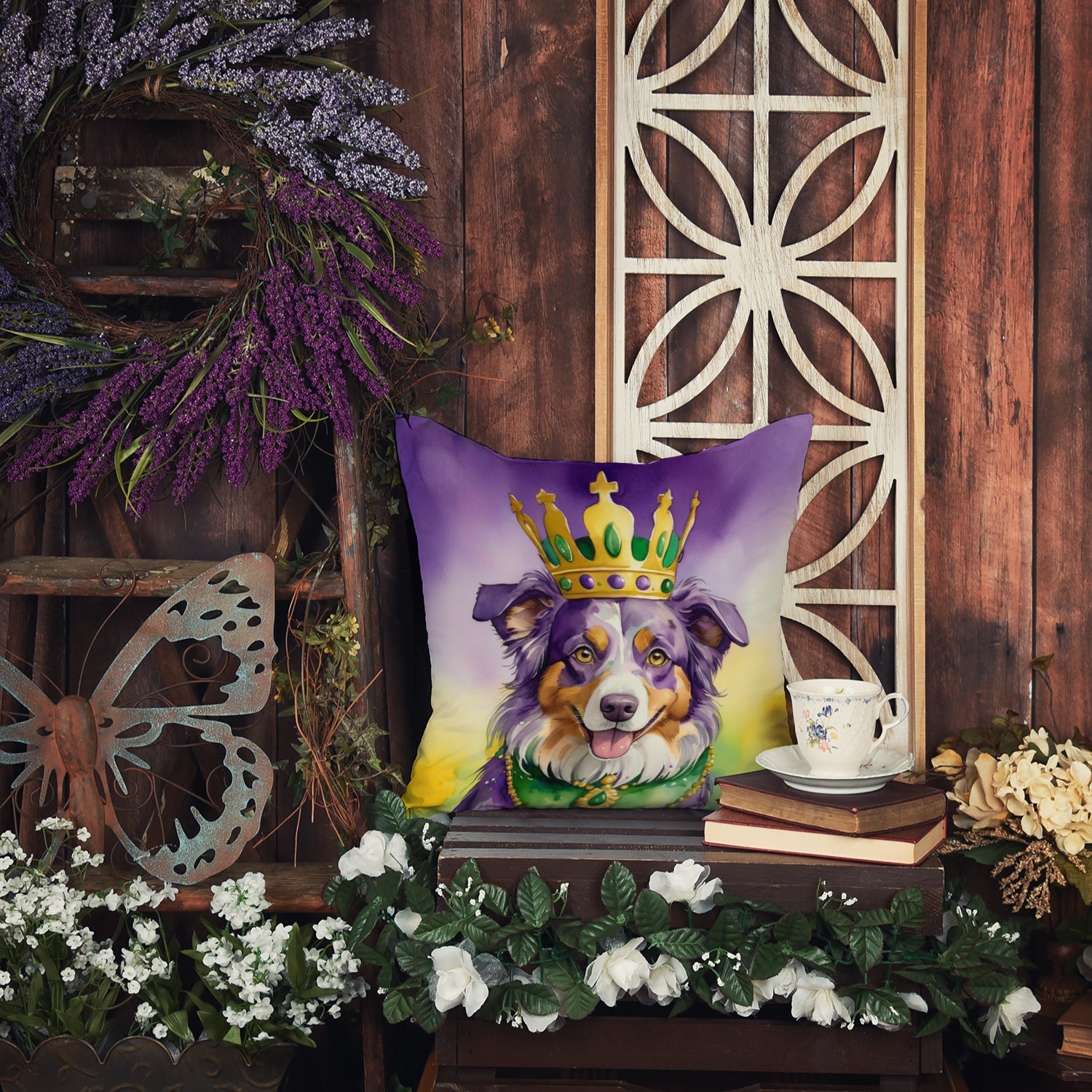 Australian Shepherd King of Mardi Gras Decorative Throw Pillow 18x18 Indoor Outdoor Accent Cushion, Fabric Cover with Insert for Sofa, Bed, Porch & Living Room