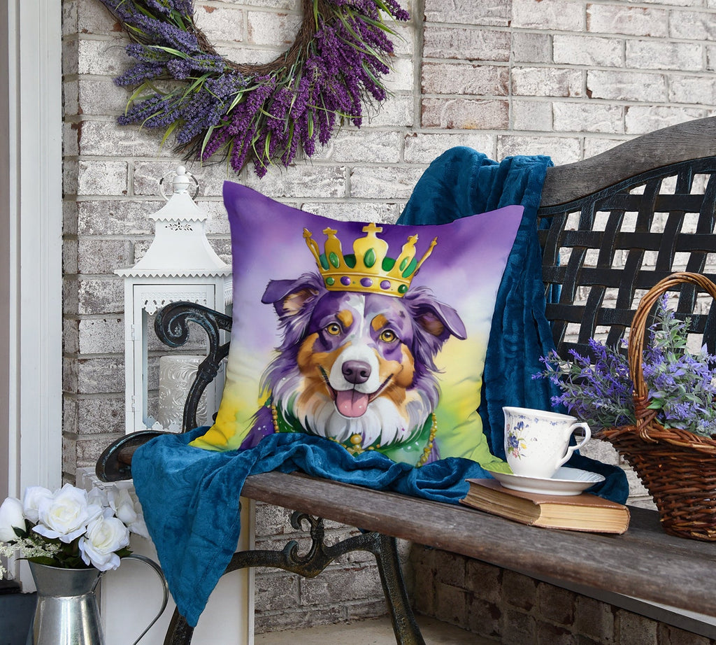 Australian Shepherd King of Mardi Gras Decorative Throw Pillow 18x18 Indoor Outdoor Accent Cushion, Fabric Cover with Insert for Sofa, Bed, Porch & Living Room