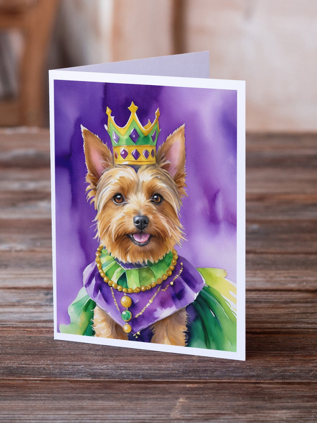 Australian Terrier King of Mardi Gras Greeting Cards Pack of 8 Blank Cards with Envelopes Whimsical A7 Size 5x7