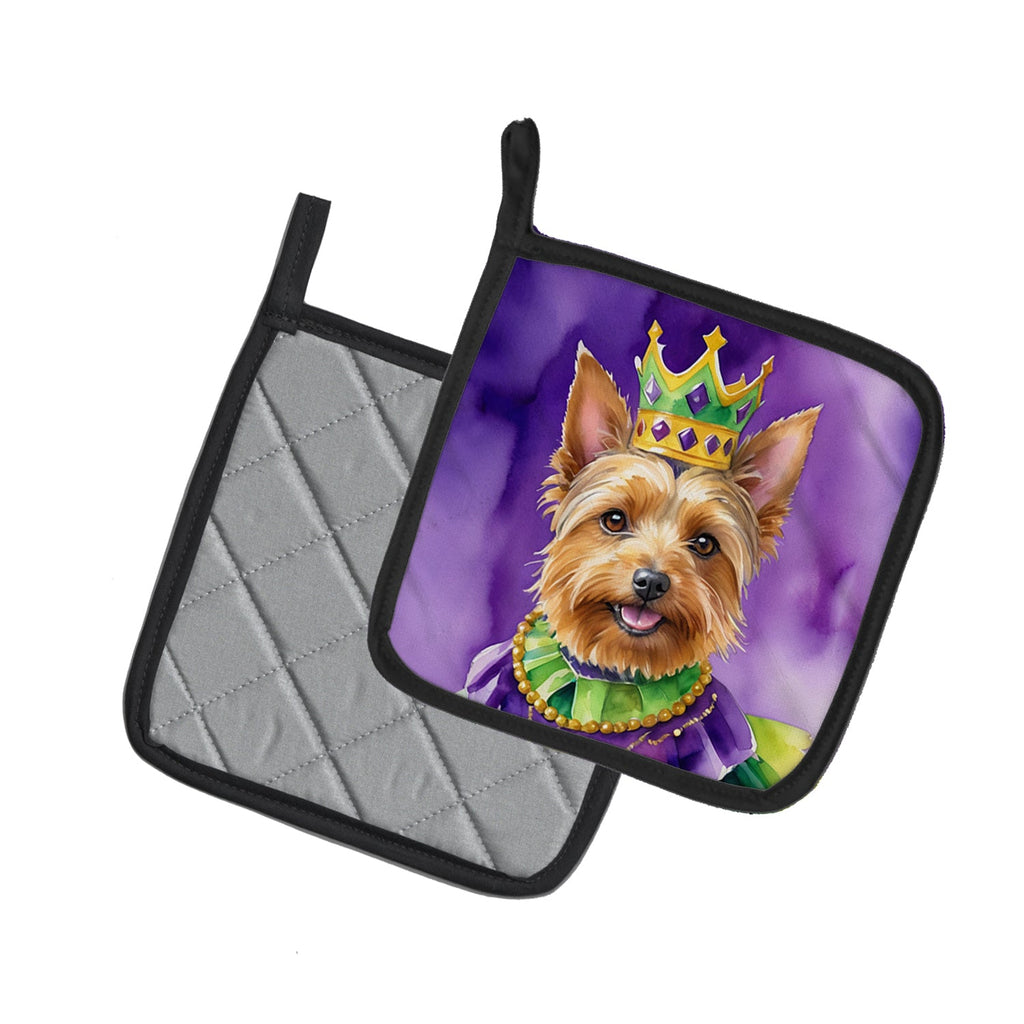 Australian Terrier King of Mardi Gras Pot Holder Set of 2 Heat Resistant Quilted Hot Pads 7.5 x 7.5 Inch, Insulated Kitchen Trivets for Cooking & Baking