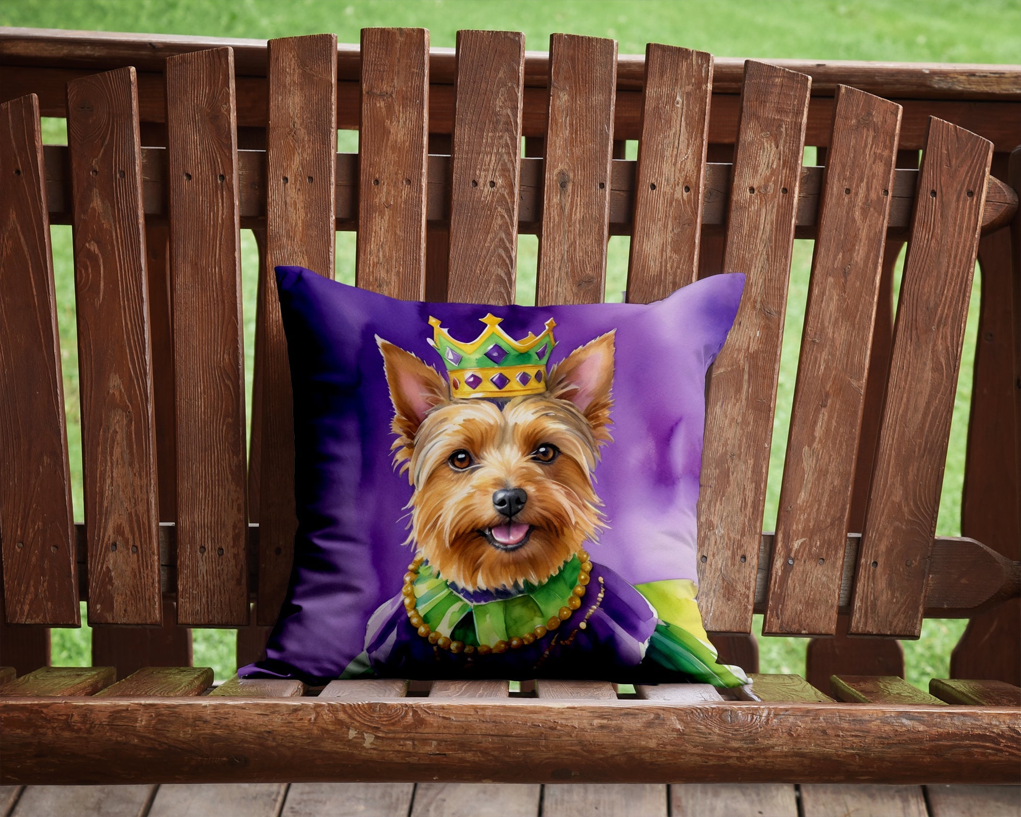 Australian Terrier King of Mardi Gras Decorative Throw Pillow 14x14 Indoor Outdoor Accent Cushion, Fabric Cover with Insert for Sofa, Bed, Porch & Living Room