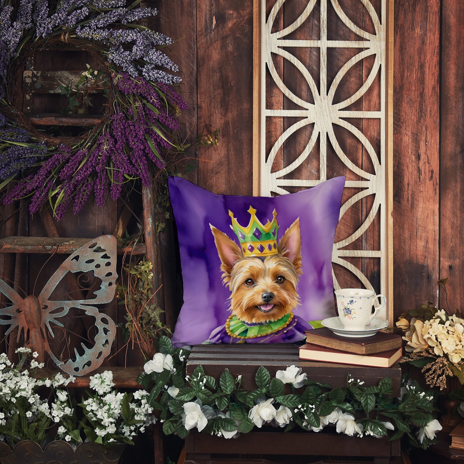 Australian Terrier King of Mardi Gras Decorative Throw Pillow 14x14 Indoor Outdoor Accent Cushion, Fabric Cover with Insert for Sofa, Bed, Porch & Living Room