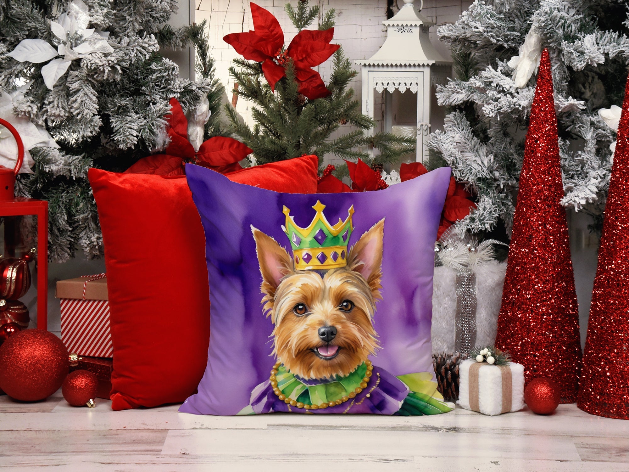 Australian Terrier King of Mardi Gras Decorative Throw Pillow 14x14 Indoor Outdoor Accent Cushion, Fabric Cover with Insert for Sofa, Bed, Porch & Living Room
