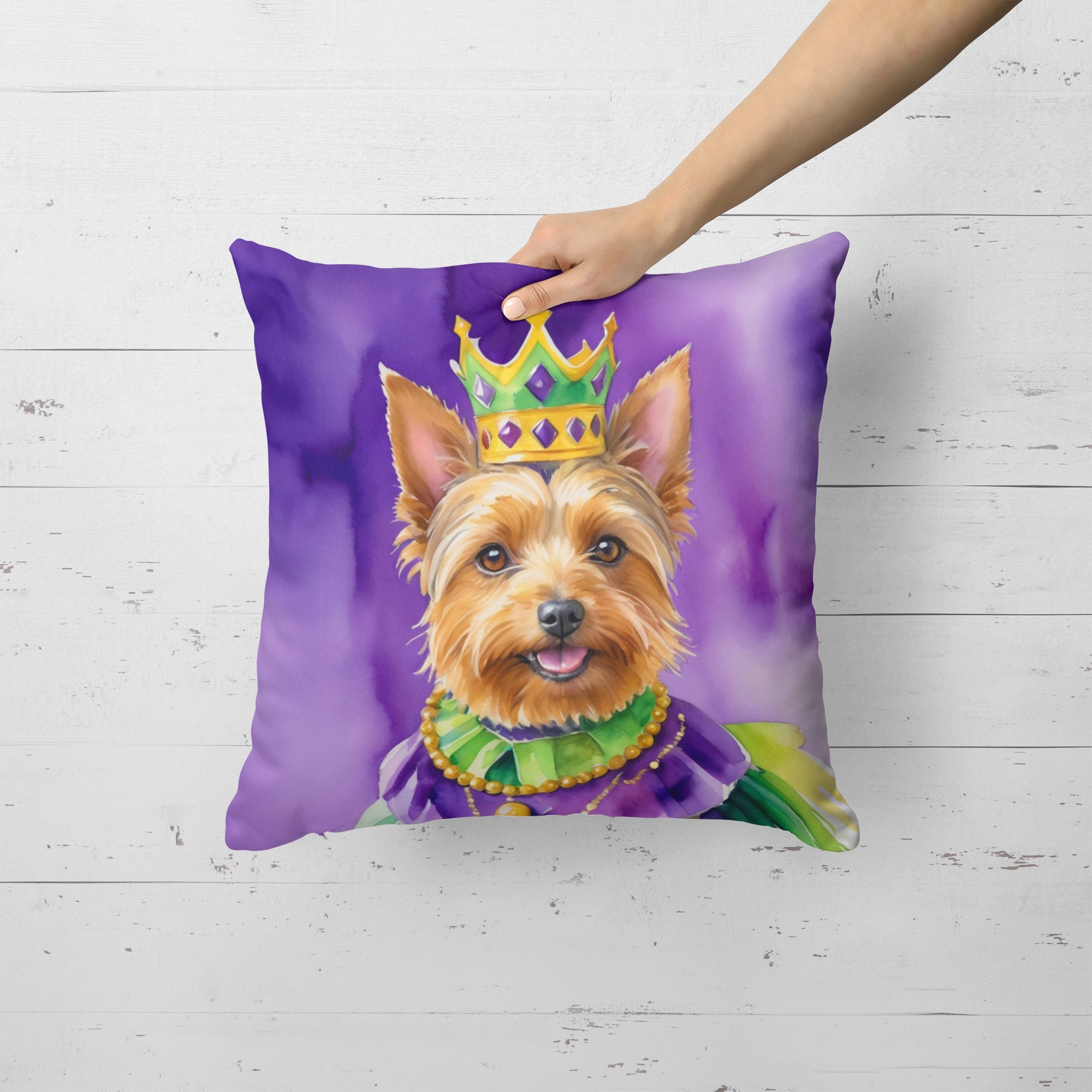 Australian Terrier King of Mardi Gras Decorative Throw Pillow 18x18 Indoor Outdoor Accent Cushion, Fabric Cover with Insert for Sofa, Bed, Porch & Living Room