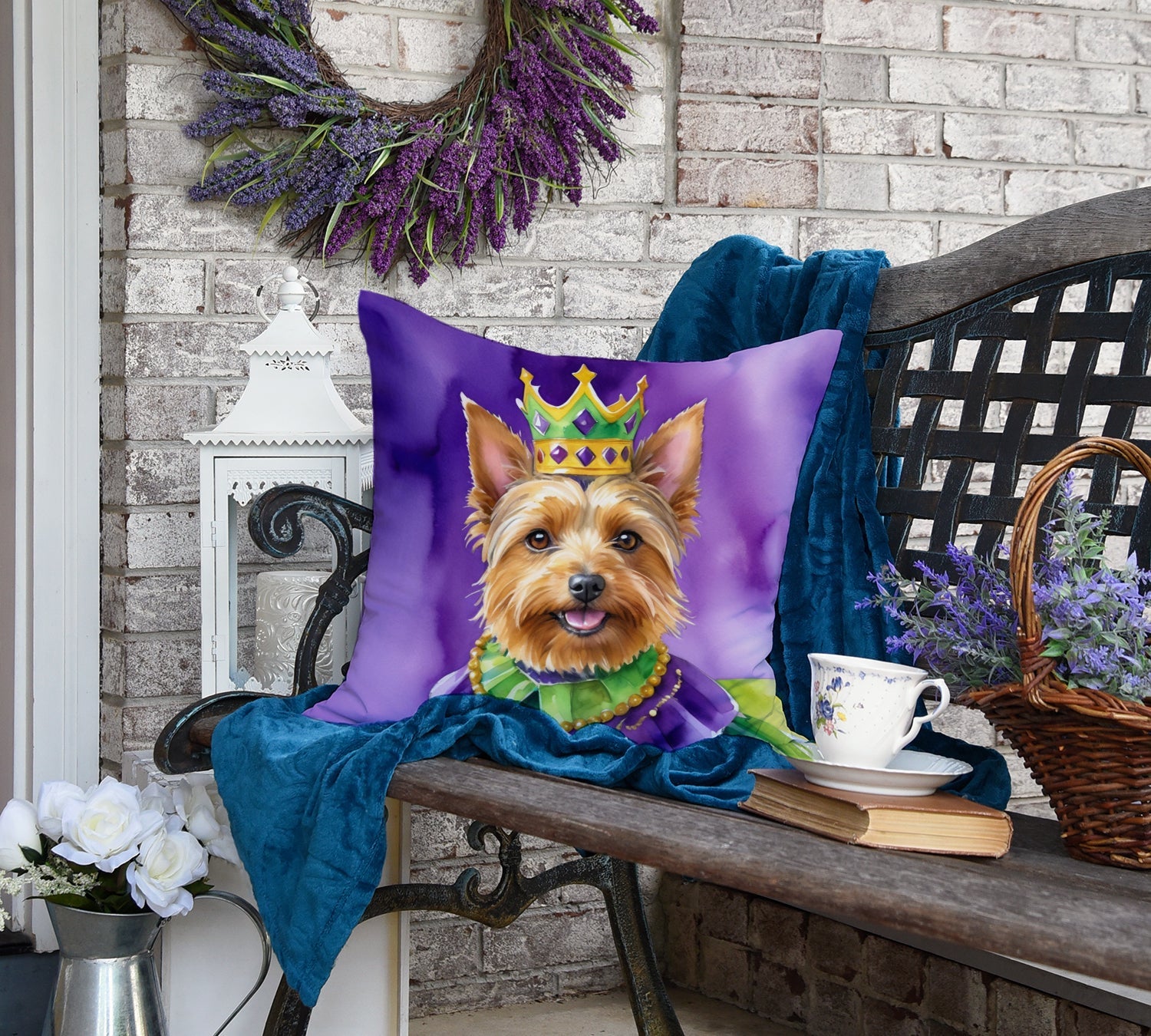Australian Terrier King of Mardi Gras Decorative Throw Pillow 18x18 Indoor Outdoor Accent Cushion, Fabric Cover with Insert for Sofa, Bed, Porch & Living Room