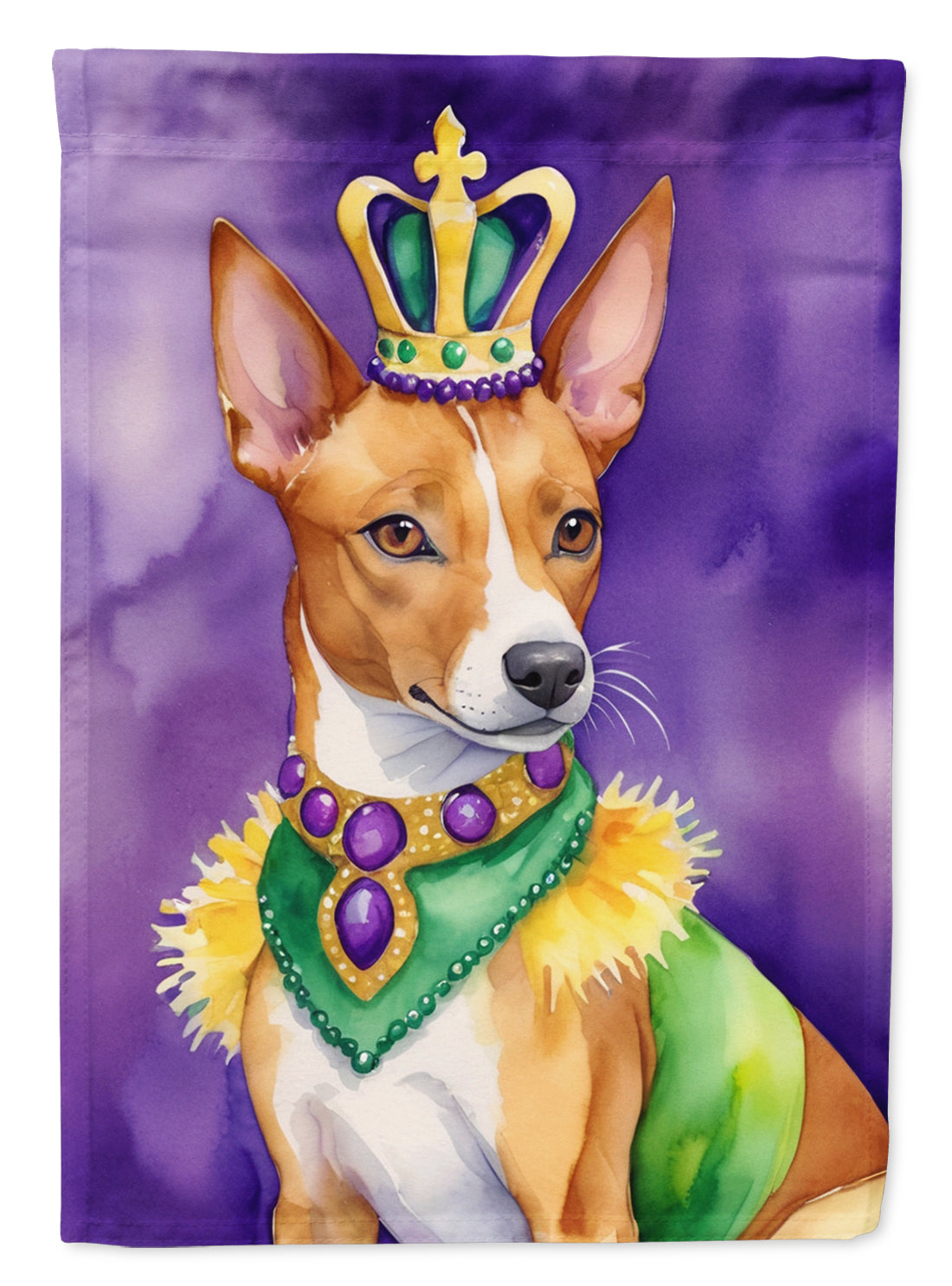 Basenji King of Mardi Gras House Flag 28x40 Porch Sleeve Pole Decorative Outside Yard Banner Artwork Wall Hanging, Polyester