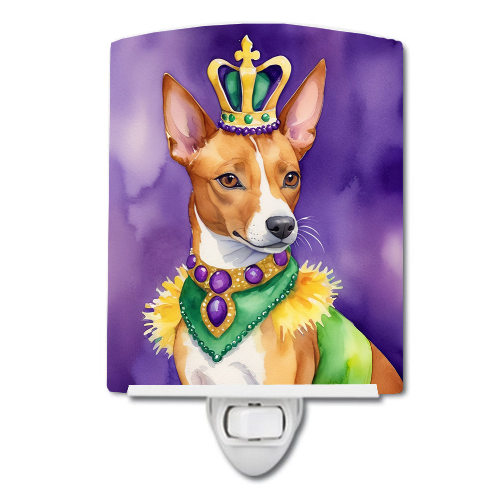 Basenji King of Mardi Gras Ceramic Night Light Compact, UL-Certified, Ideal for Bedroom, Bathroom, Nursery, Hallway, Kitchen, 6x4x3, Multicolor