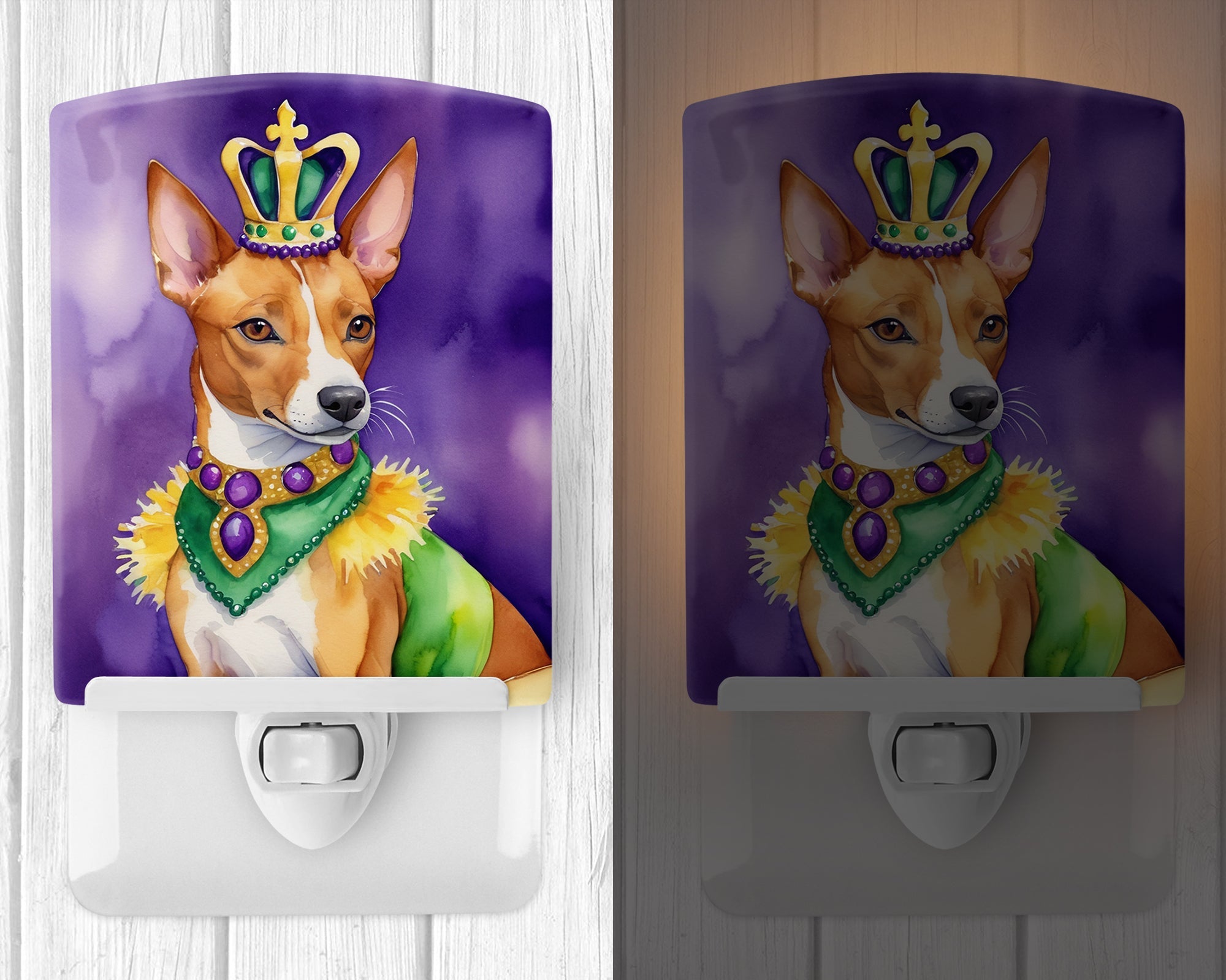 Basenji King of Mardi Gras Ceramic Night Light Compact, UL-Certified, Ideal for Bedroom, Bathroom, Nursery, Hallway, Kitchen, 6x4x3, Multicolor