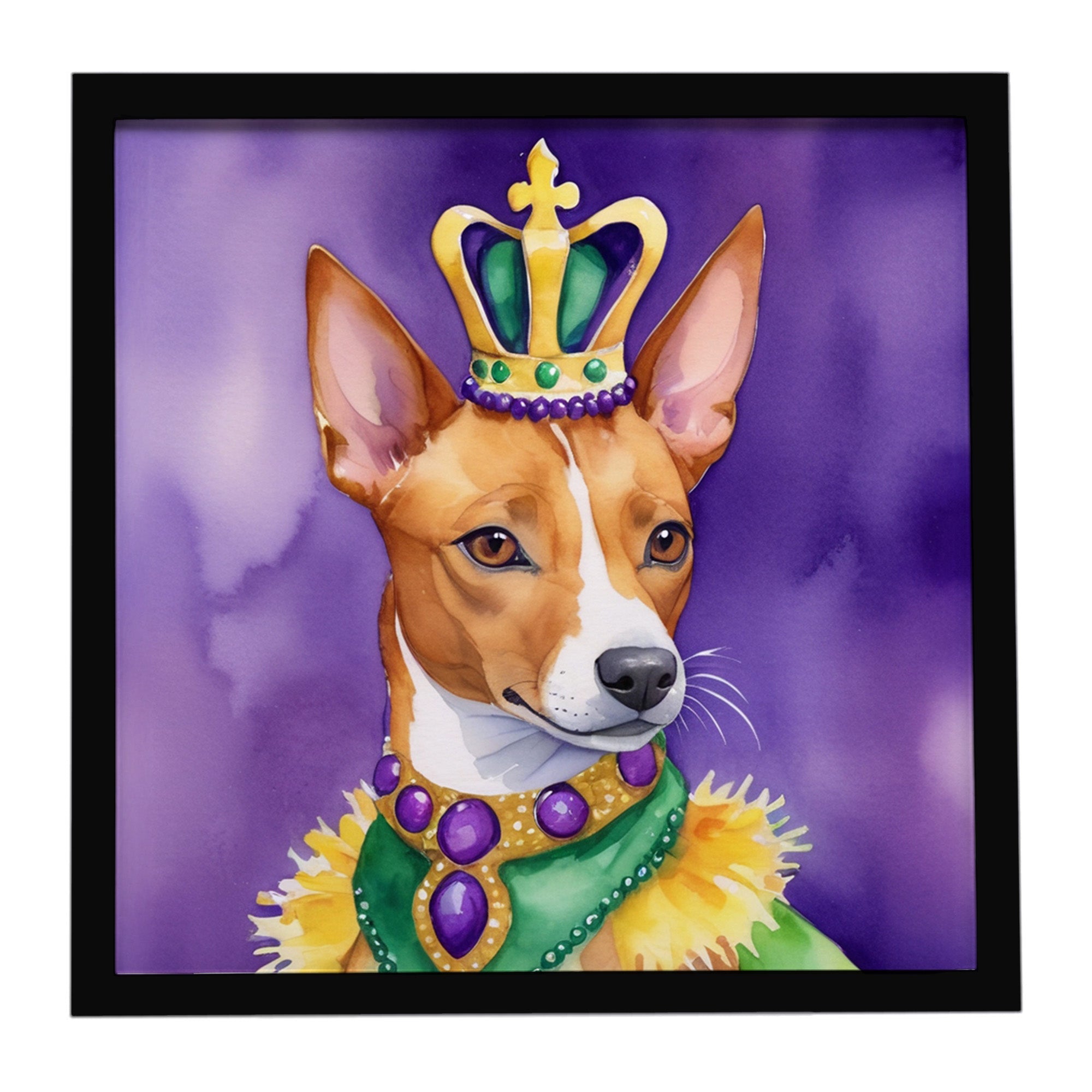 Basenji King of Mardi Gras Framed Metal Print Bathroom, Kitchen, Office, Home Decor Wall Art Ready to Hang, Square, 8X8