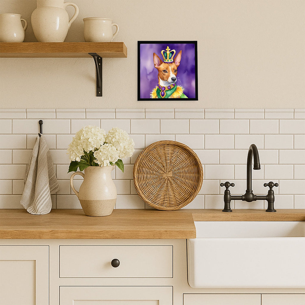 Basenji King of Mardi Gras Framed Metal Print Bathroom, Kitchen, Office, Home Decor Wall Art Ready to Hang, Square, 8X8