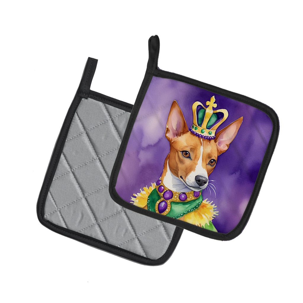 Basenji King of Mardi Gras Pot Holder Set of 2 Heat Resistant Quilted Hot Pads 7.5 x 7.5 Inch, Insulated Kitchen Trivets for Cooking & Baking
