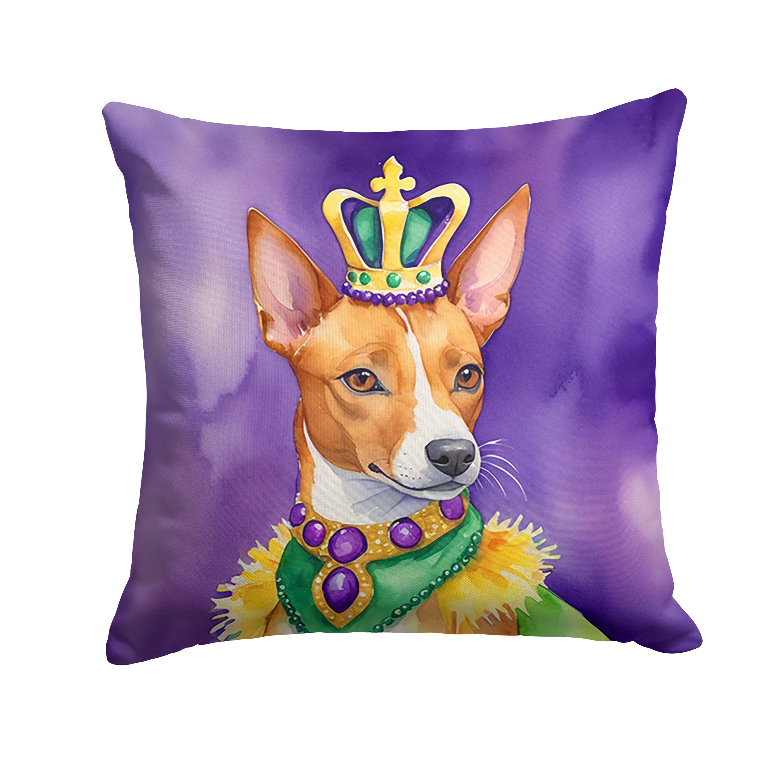 Basenji King of Mardi Gras Decorative Throw Pillow 14x14 Indoor Outdoor Accent Cushion, Fabric Cover with Insert for Sofa, Bed, Porch & Living Room