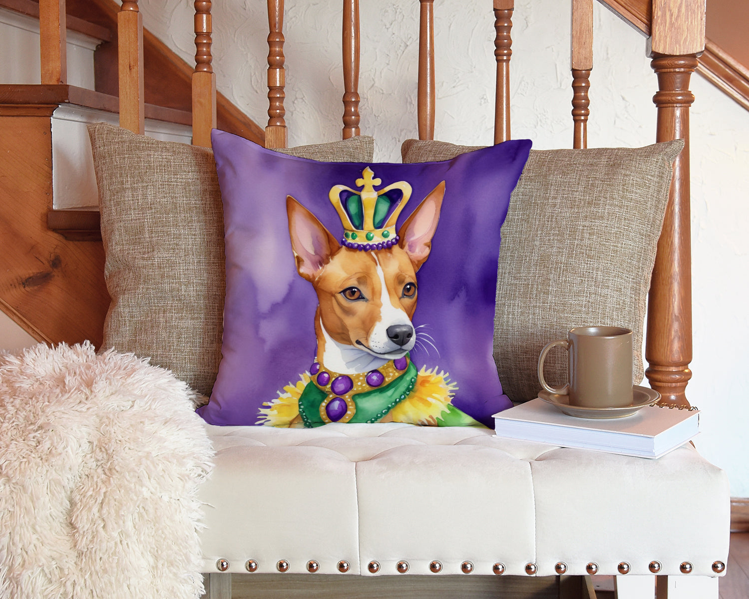 Basenji King of Mardi Gras Decorative Throw Pillow 14x14 Indoor Outdoor Accent Cushion, Fabric Cover with Insert for Sofa, Bed, Porch & Living Room