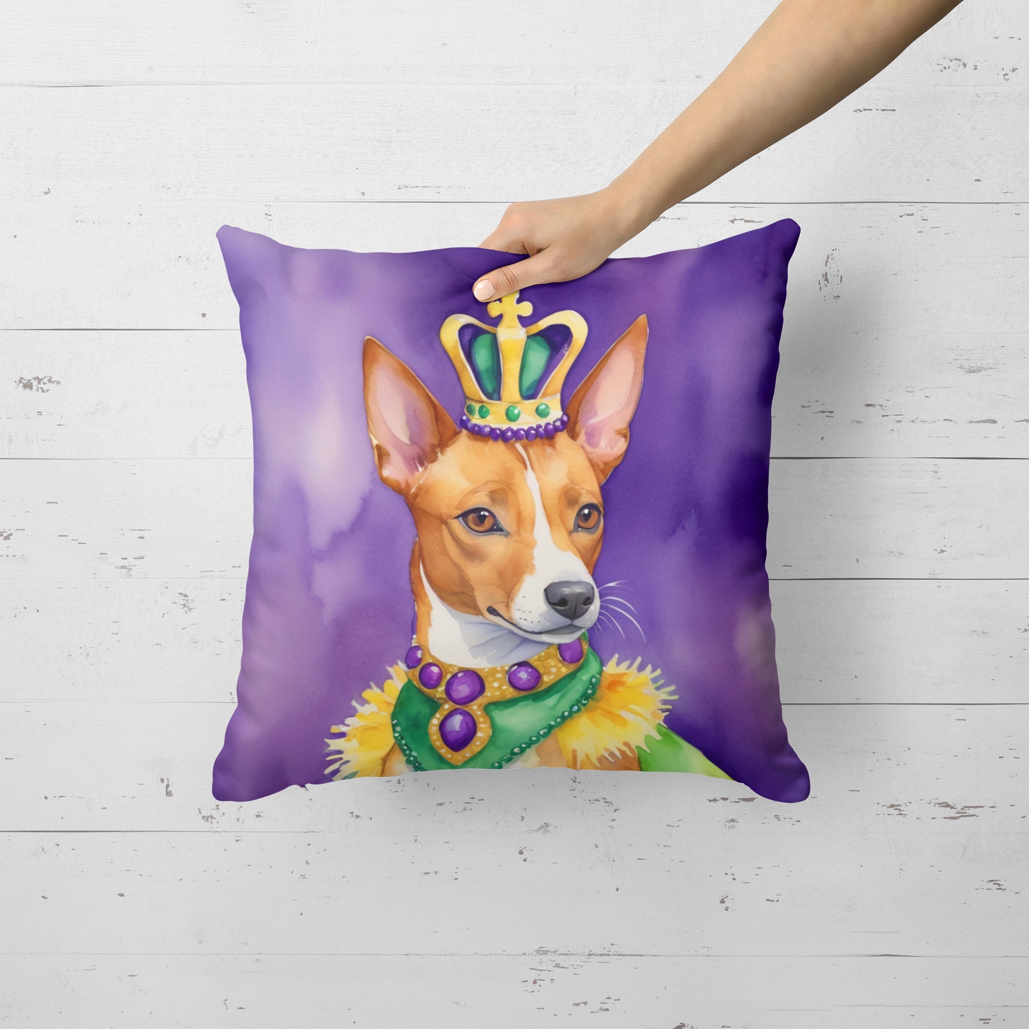 Basenji King of Mardi Gras Decorative Throw Pillow 18x18 Indoor Outdoor Accent Cushion, Fabric Cover with Insert for Sofa, Bed, Porch & Living Room