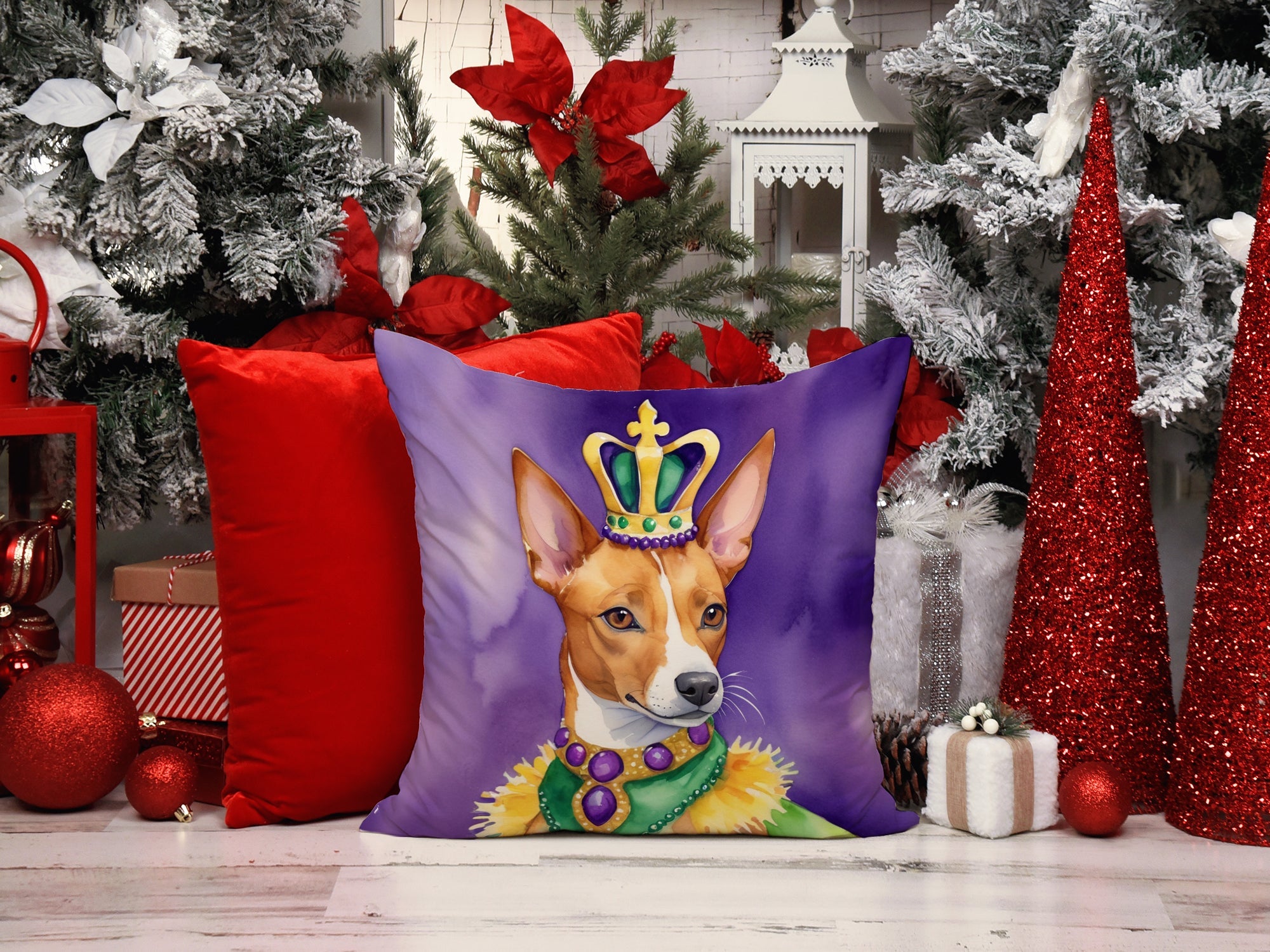 Basenji King of Mardi Gras Decorative Throw Pillow 18x18 Indoor Outdoor Accent Cushion, Fabric Cover with Insert for Sofa, Bed, Porch & Living Room