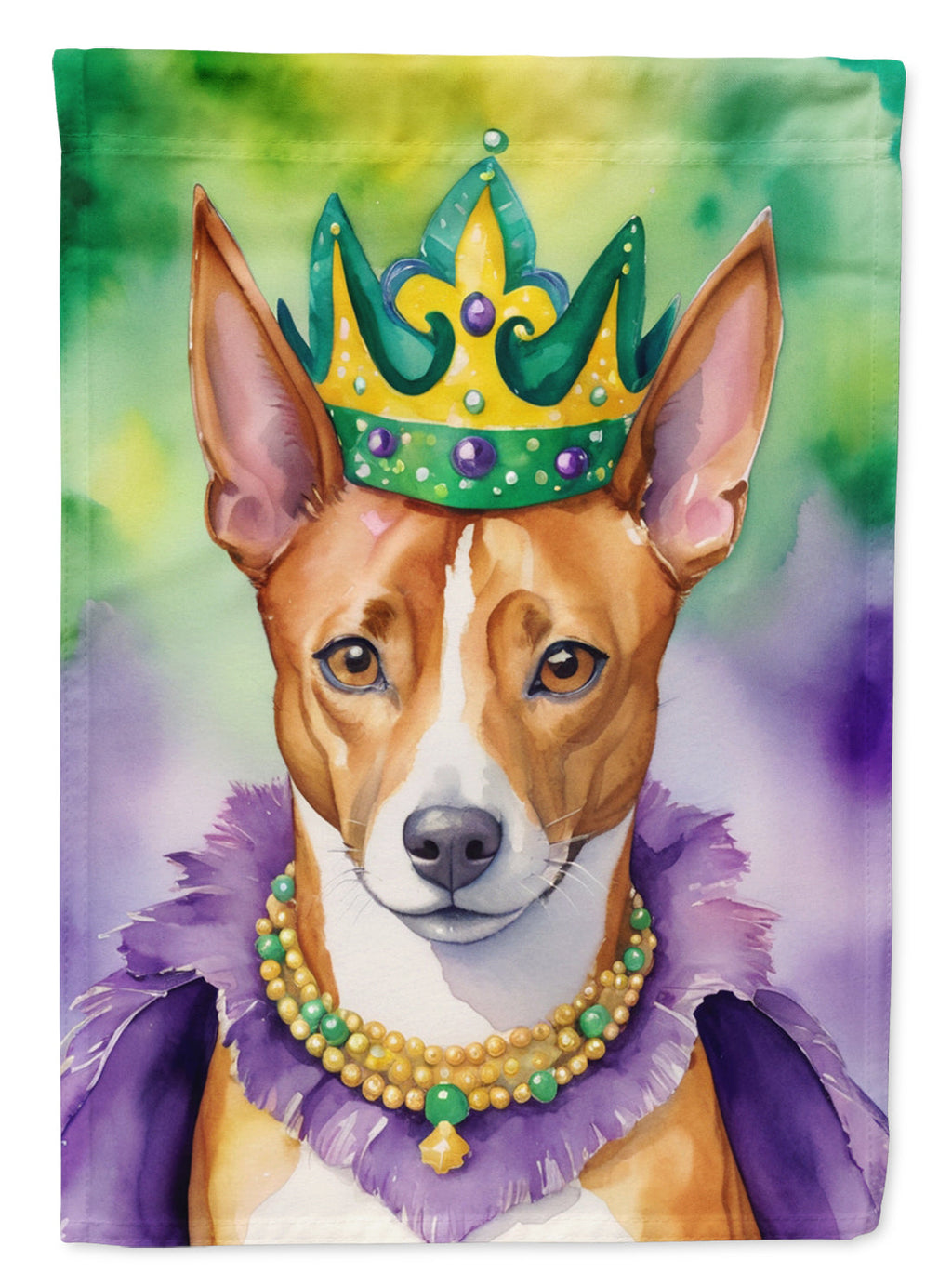 Basenji King of Mardi Gras House Flag 28x40 Porch Sleeve Pole Decorative Outside Yard Banner Artwork Wall Hanging, Polyester