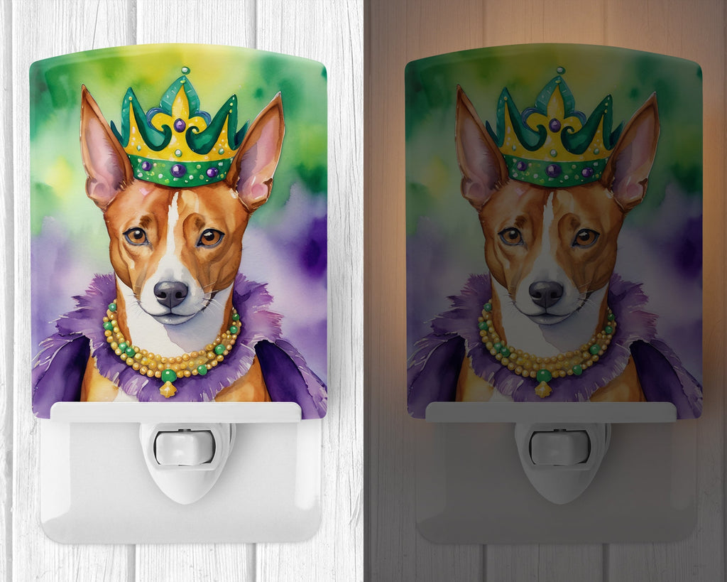 Basenji King of Mardi Gras Ceramic Night Light Compact, UL-Certified, Ideal for Bedroom, Bathroom, Nursery, Hallway, Kitchen, 6x4x3, Multicolor