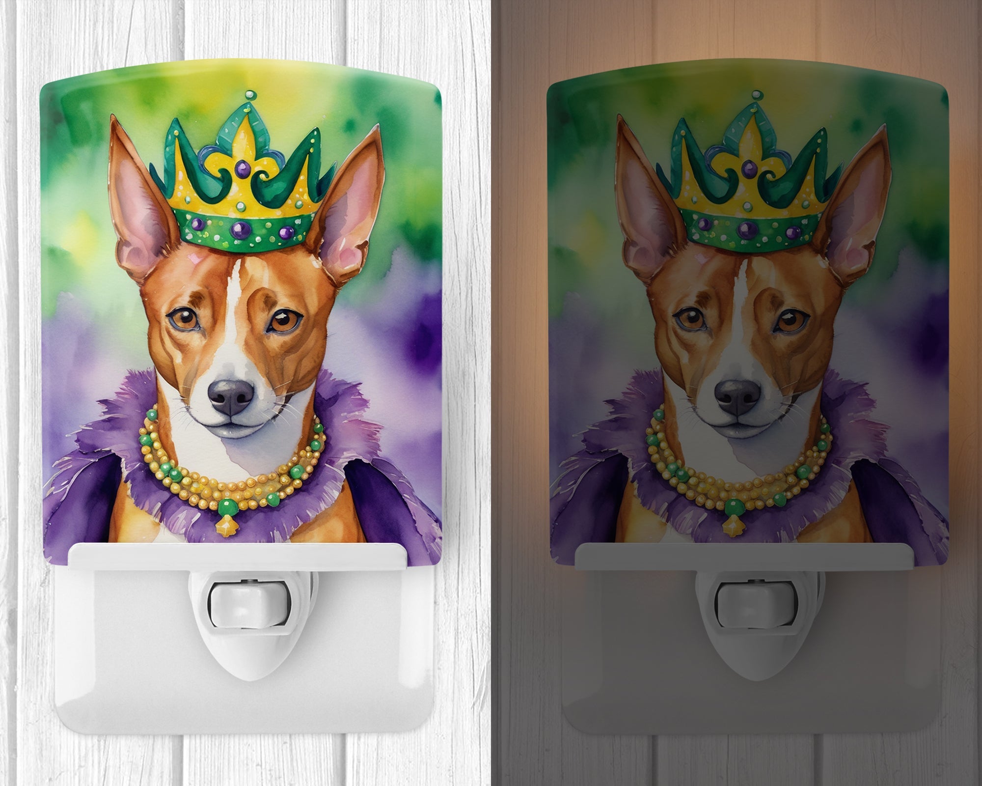 Basenji King of Mardi Gras Ceramic Night Light Compact, UL-Certified, Ideal for Bedroom, Bathroom, Nursery, Hallway, Kitchen, 6x4x3, Multicolor