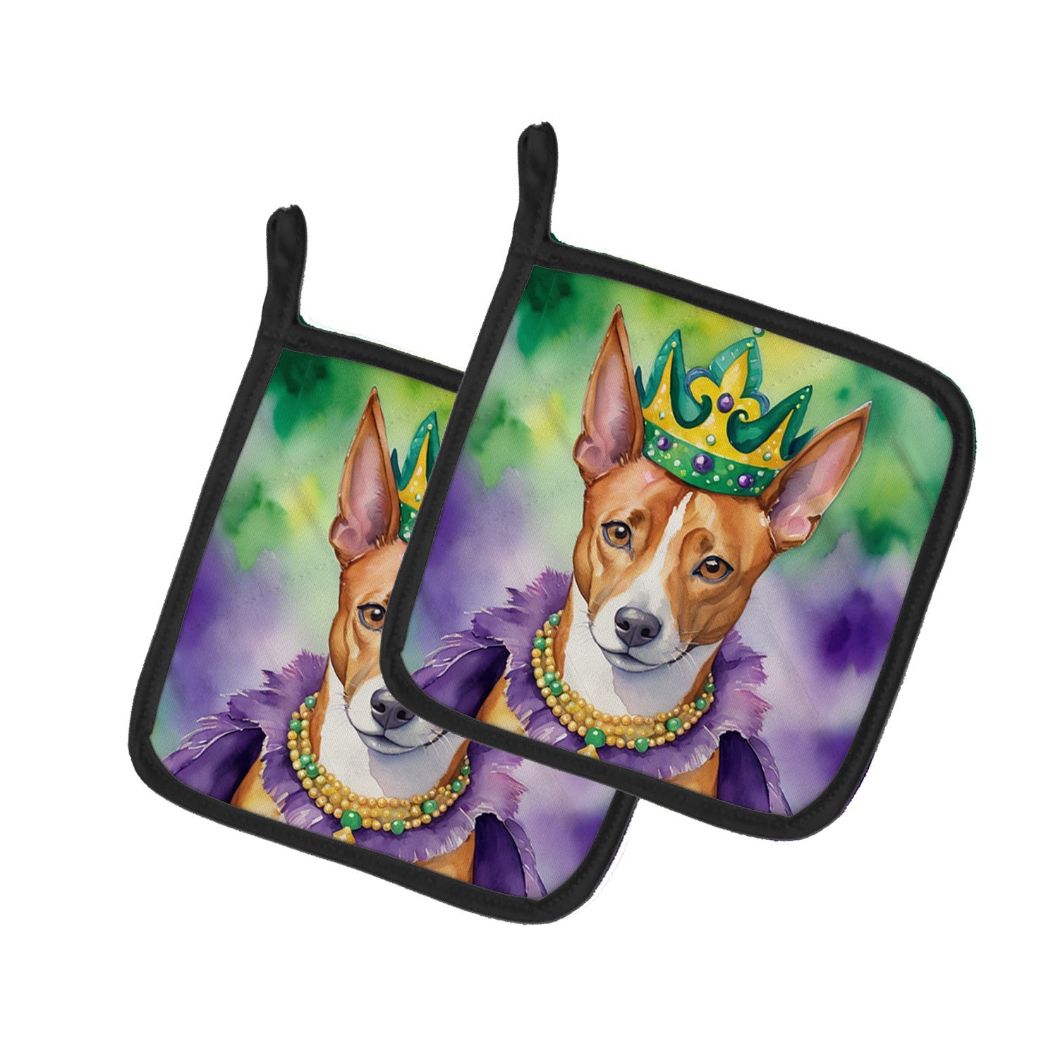 Basenji King of Mardi Gras Pot Holder Set of 2 Heat Resistant Quilted Hot Pads 7.5 x 7.5 Inch, Insulated Kitchen Trivets for Cooking & Baking