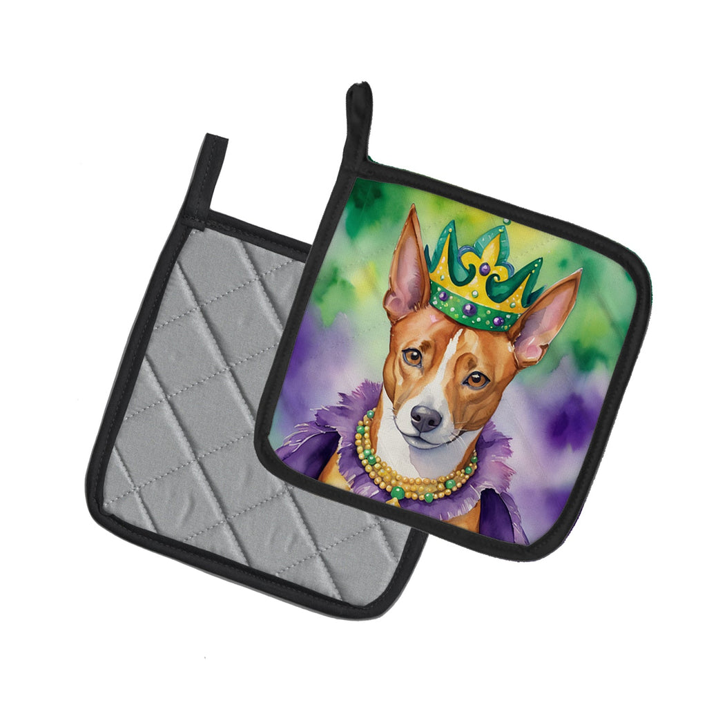 Basenji King of Mardi Gras Pot Holder Set of 2 Heat Resistant Quilted Hot Pads 7.5 x 7.5 Inch, Insulated Kitchen Trivets for Cooking & Baking